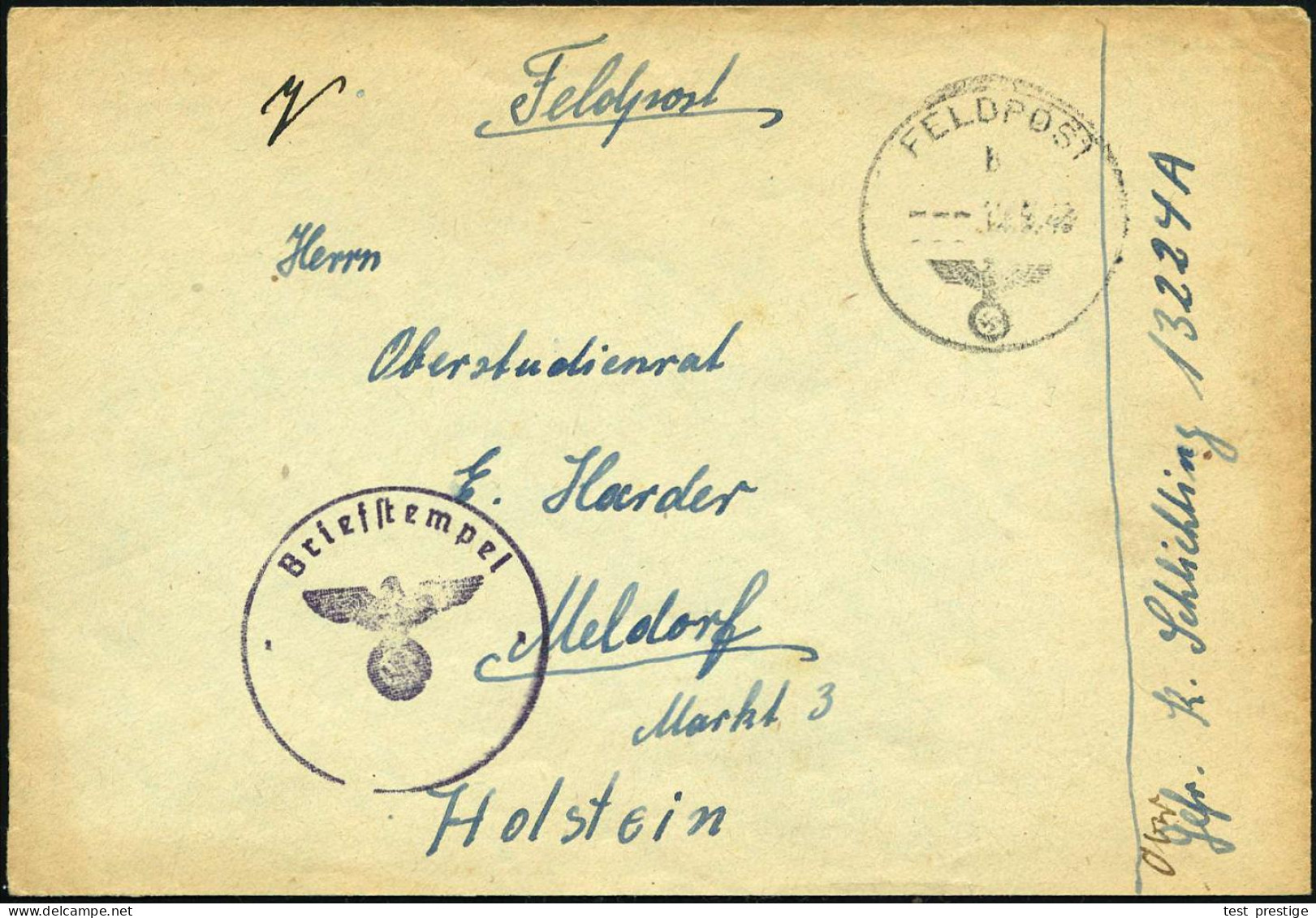 DEUTSCHES REICH 1943 (12.6.) 1K: FELDPOST/b/--- + Viol. 1K-HdN Ohne Fp.-Nr.: Briefstempel + Hs. Fp.-Nr. 13244 A = Gren.  - Autres (Terre)