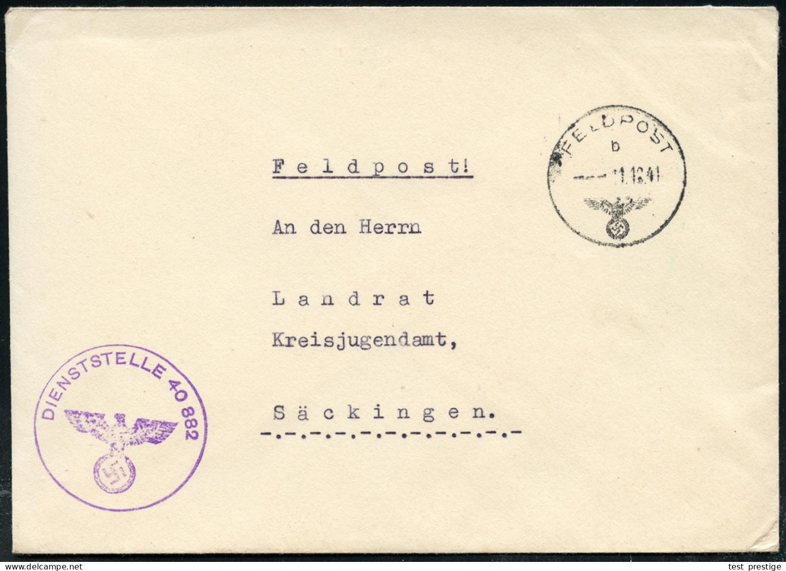 DT.BES.NORWEGEN 1941 (11.12.) 1K: FELDPOST/b/---  + Viol. 1K-HdN: DIENSTSTELLE 40 882 = Panzer-Jäger-Abt. 463, Norwegen, - Otros (Tierra)