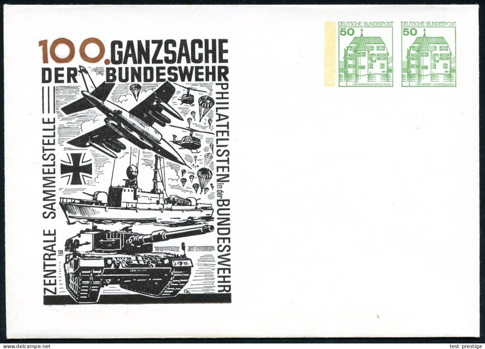 B.R.D. 1983 PU 50 Pf. + 50 Pf. Burgen, Grün: 100. GANZSACHE DER BUNDESWEHR.. = Panzer "Leopard II" (u. Kampfjet, Minensu - Altri (Terra)