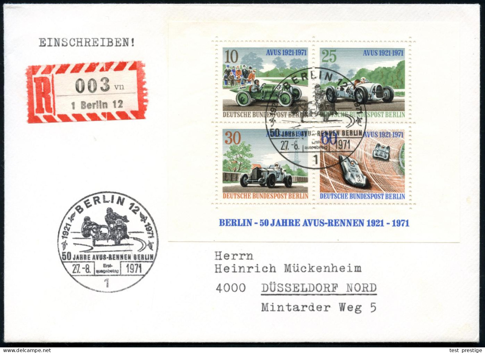 BERLIN 12 1971 (27.8.) SSt.: 1 BERLIN 12/50 JAHRE AVUS-RENNEN.. = Renn-Motorrad Mit Seitenwagen 2x Auf Avus-Block + RZ:  - Motos