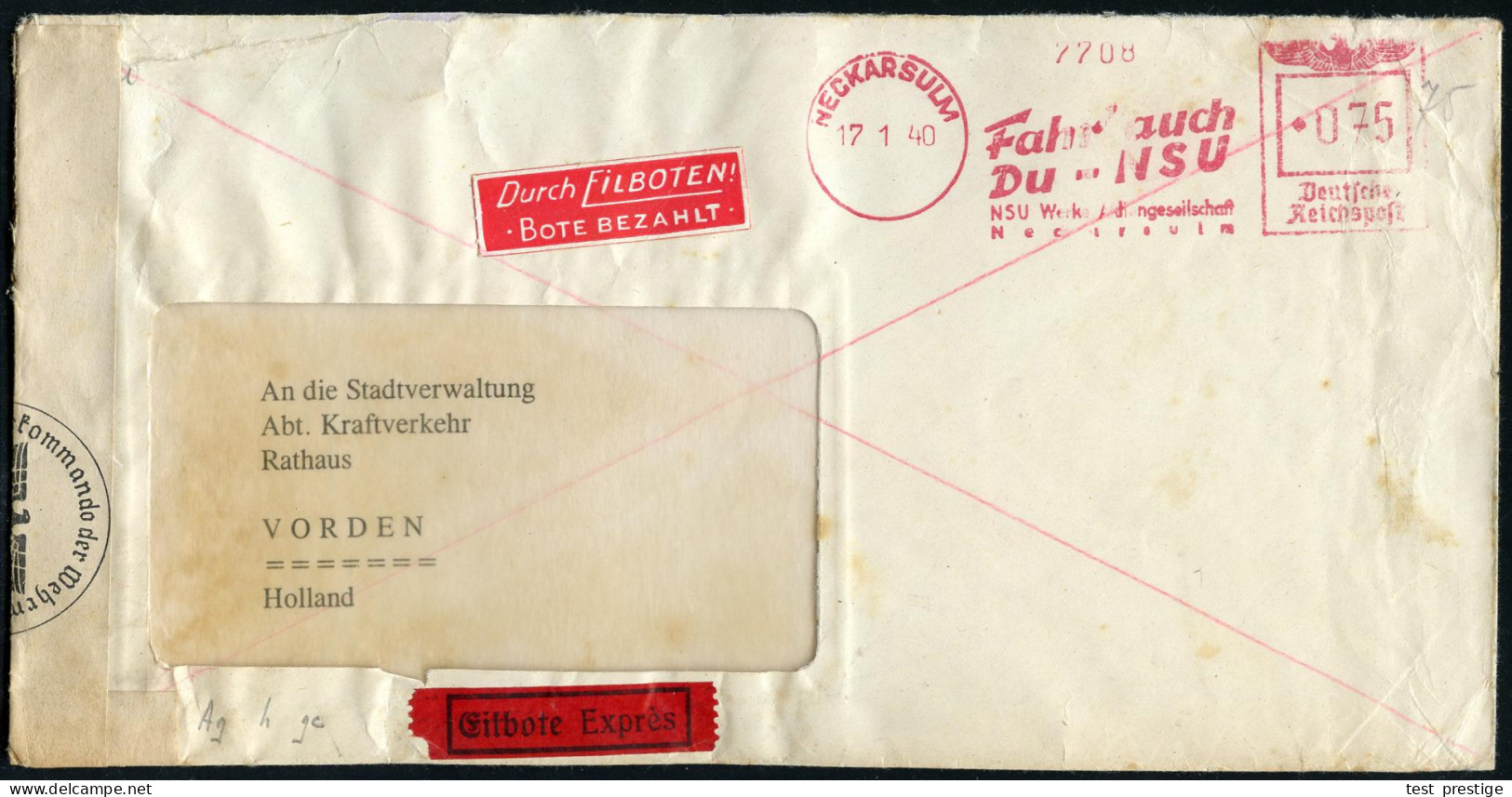 NECKARSULM/ Fahr' Auch/ Du - NSU/ NSU Werke AG.. 1940 (17.1.) AFS Francotyp 075 Pf. + Rs. OKW-Zensurstreifen: OKW / Gepr - Motos