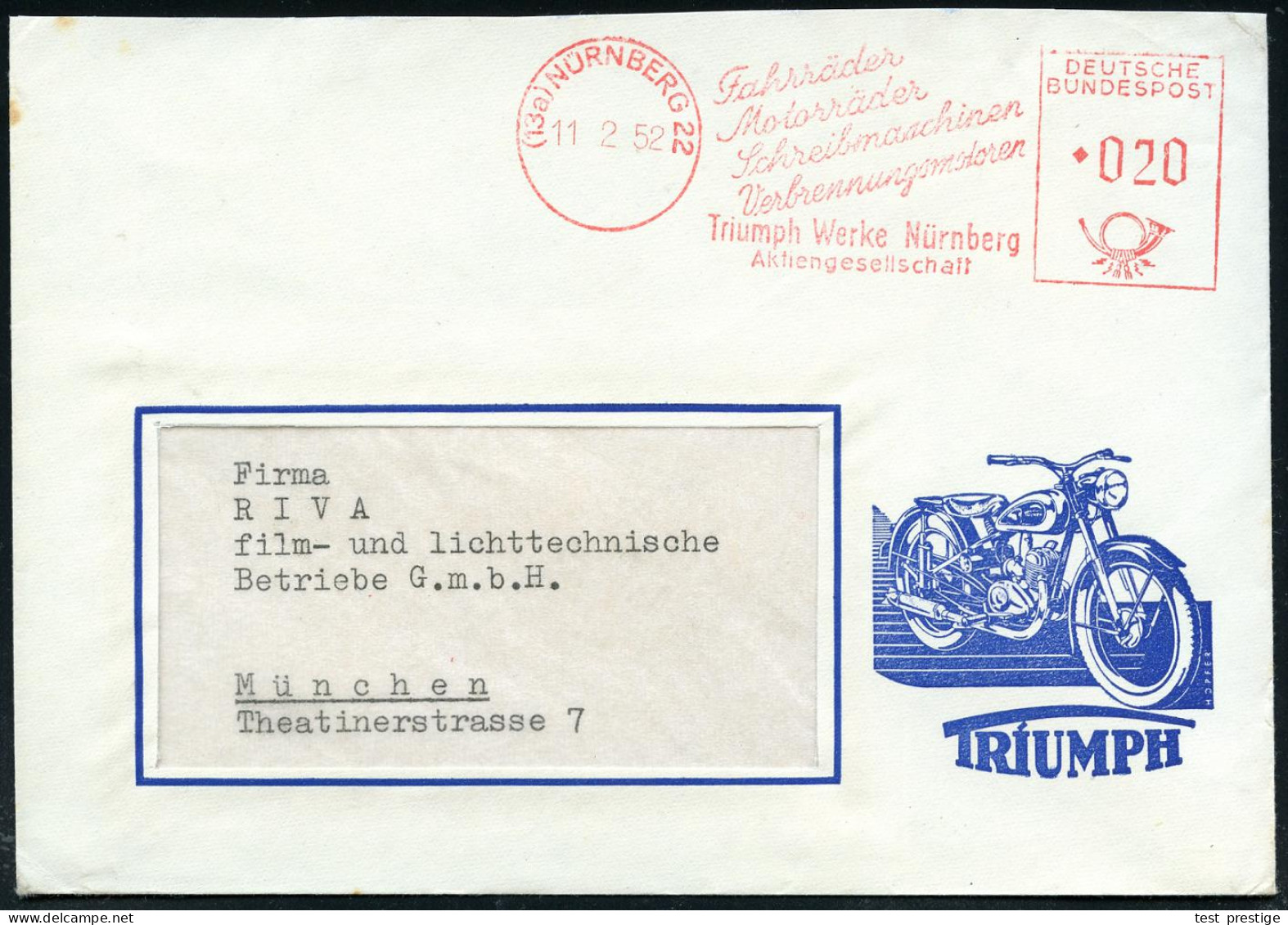 (13a) NÜRNBERG 22/ Fahrräder/ Motrräder/ Schreibmaschinen../ Triumph-Werke.. 1952 (11.2.) AFS Auf Reklame-Bf.: Mit TRIUM - Motorräder