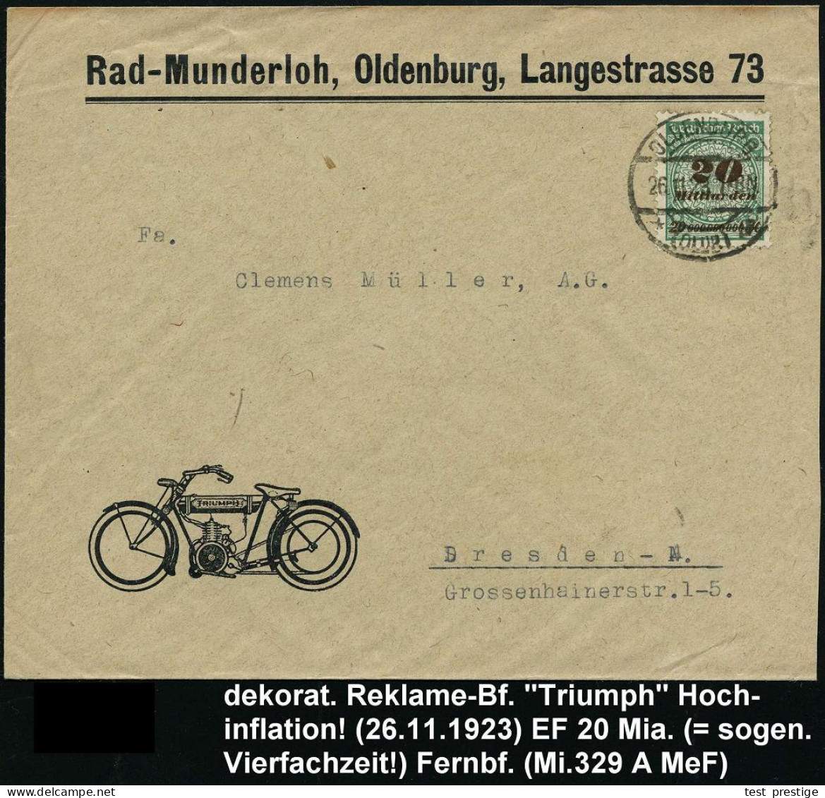 OLDENBURG/ *(OLDB)g 1923 (26.11.) 1K-Brücke Auf EF 20 Mia. Mk., Reklame-Bf.: Rad-Munderloh.. = "Triumph"-Motorrad , Selt - Motos