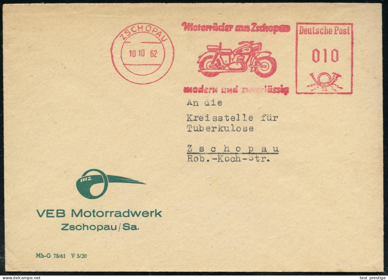 ZSCHOPAU/ Motorräder Aus Zschopau/ Modern U.zuverlässig 1962 (10.10.) AFS = Mototrrad "M Z" , Firmenbief Mit MZ-Logo (=  - Motos