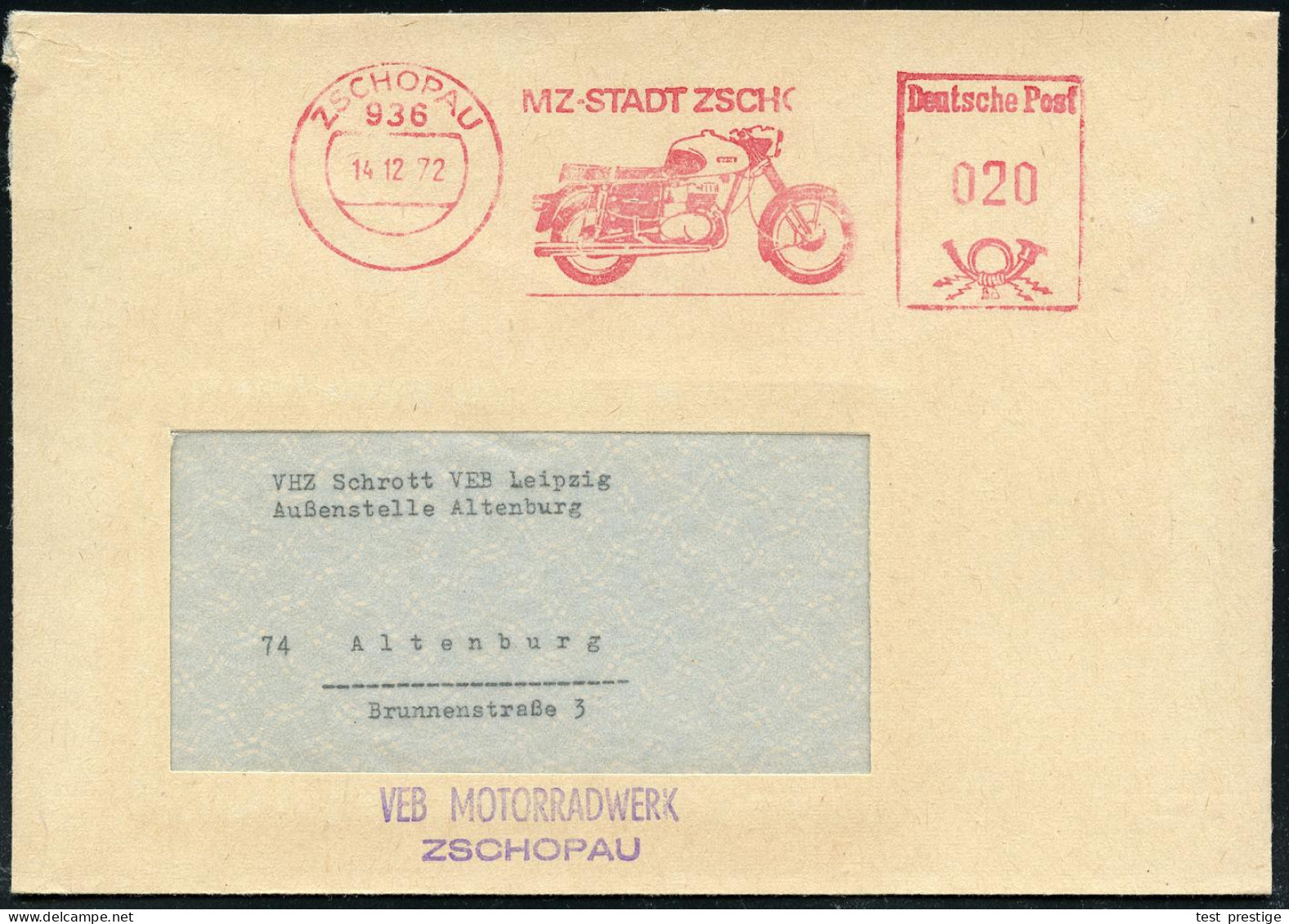 9360 ZSCHOPAU/ MZ-STADT ZSCHOPAU 1972 (14.12.) AFS Mit Klischee-Defekt = Motorrad "MZ" (nach Rechts; = Ehem.DKW, Jetzt I - Motorbikes