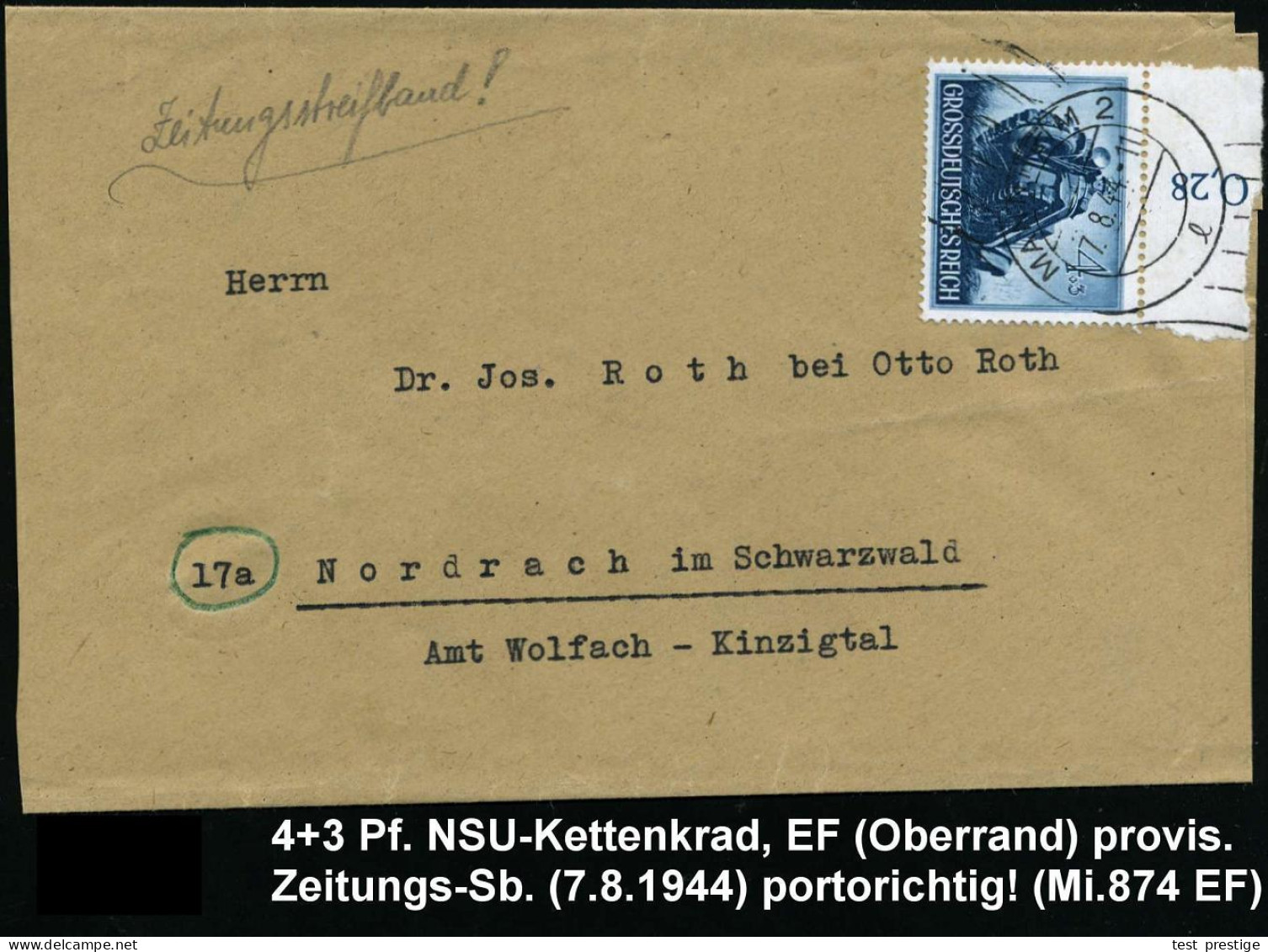 DEUTSCHES REICH 1944 (7.8.) 4 Pf.+ 3 Pf. NSU-Kettenkrad, EF Oberrandstück , Sauber Gest. (MANNHEIM 2) Auf Portorichtigem - Motos