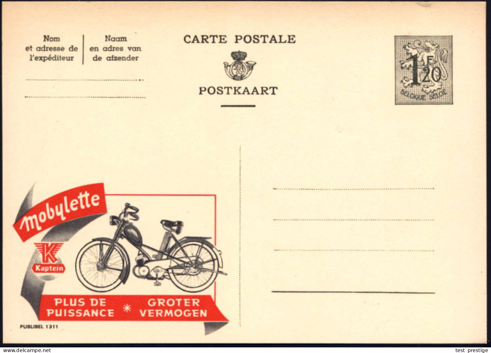 BELGIEN 1954 1,20F. Reklame-P Löwe, Oliv: Mobylette, Kaptein.. = Moped , Französ. Titel Oben, Ungebr. (Mi.P 289 I / 1311 - Motos