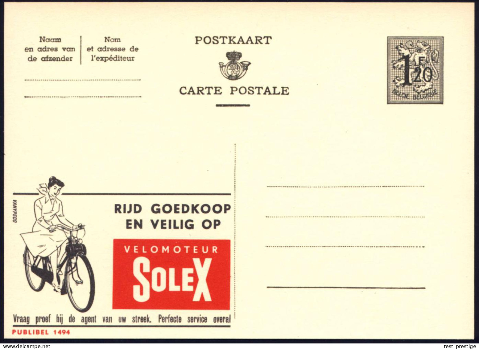 BELGIEN 1954 1,20F. Reklame-P Ziffer, Oliv: VELOMOTEUR SOLEX.. = Mofa "Velo-Solex" , Ungebr. (Mi.P 289 II / 1494) - MOTO - Motos