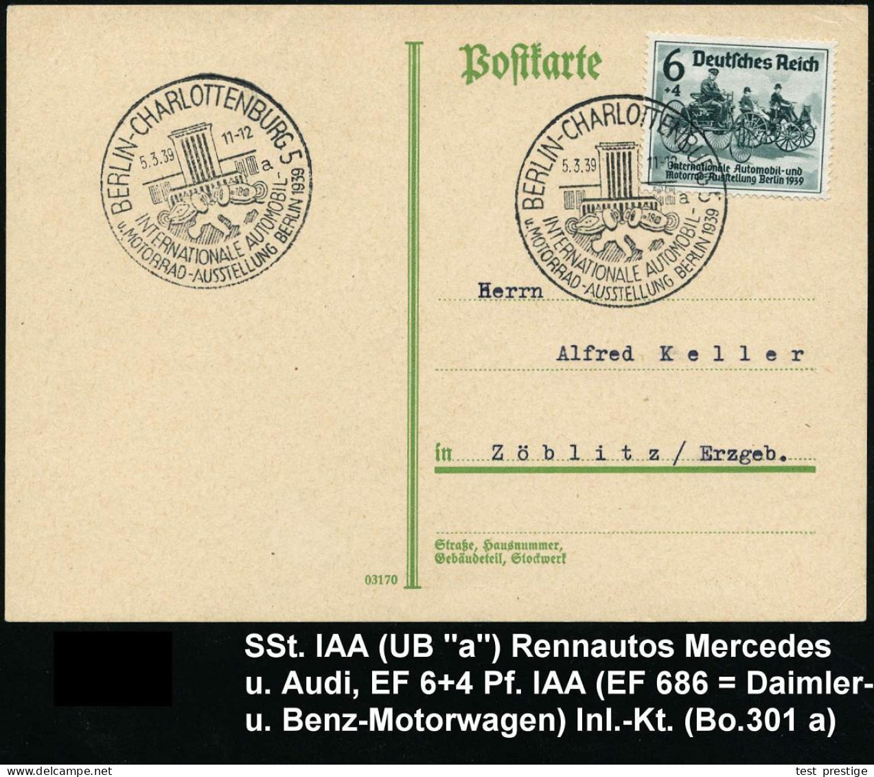 BERLIN-CHARLOTTENBURG 5/ A/ INTERNAT.AUTOMOBOL-/ U.MOTORRAD-AUSSTELLUNG 1939 (5.3.) SSt = Rennauto MB U. Auto-Union (vor - Autos