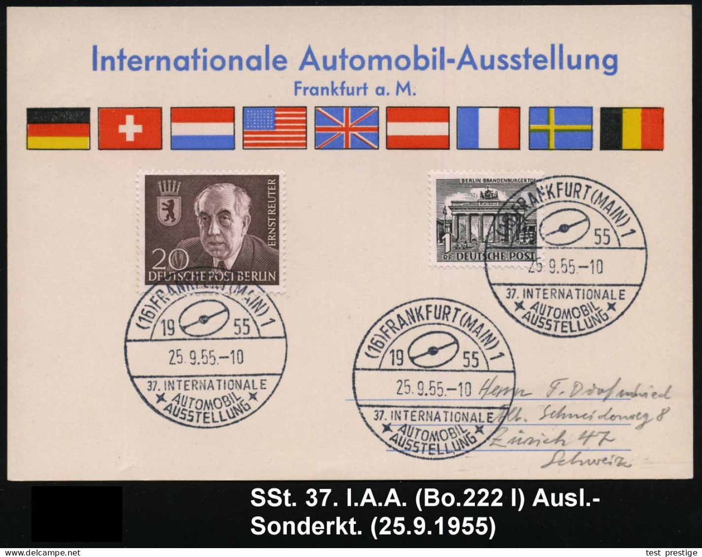 (16) FRANKFURT (MAIN)1/ 37.INT./ AUTOMOBIL-/ AUSST. 1955 (25.9.) SSt Auf 20 Pf. Reuter + 1 Pf. Brandenbg.Tor Solidarität - Autos