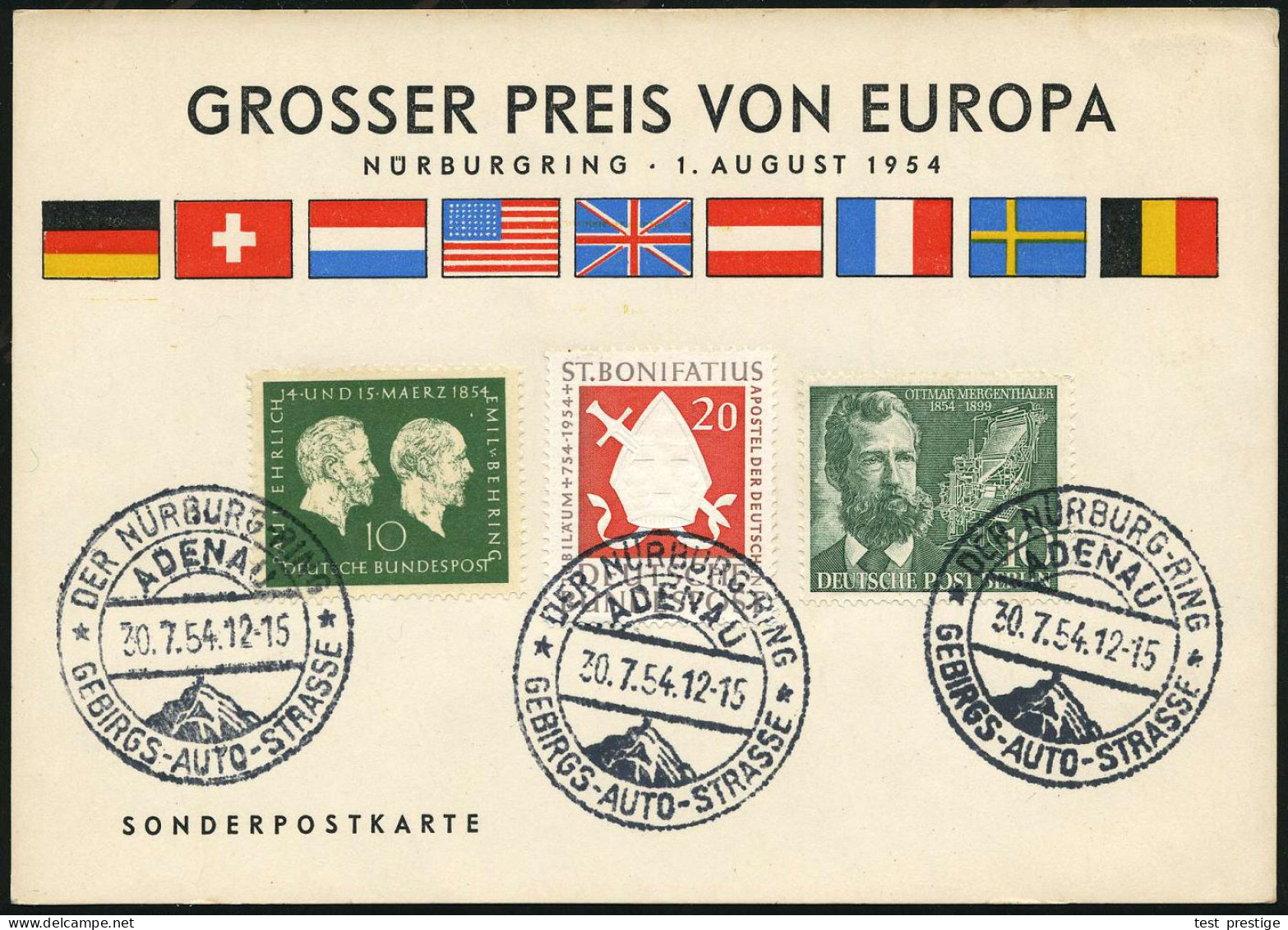 ADENAU/ DER NÜRBURGRING.. 1954 (30.7.) SSt 3x (Berg) Auf Sonder-Kt.: Gr. Preis V. Europa (Sieger Formel I: J. Manuel Fan - Voitures