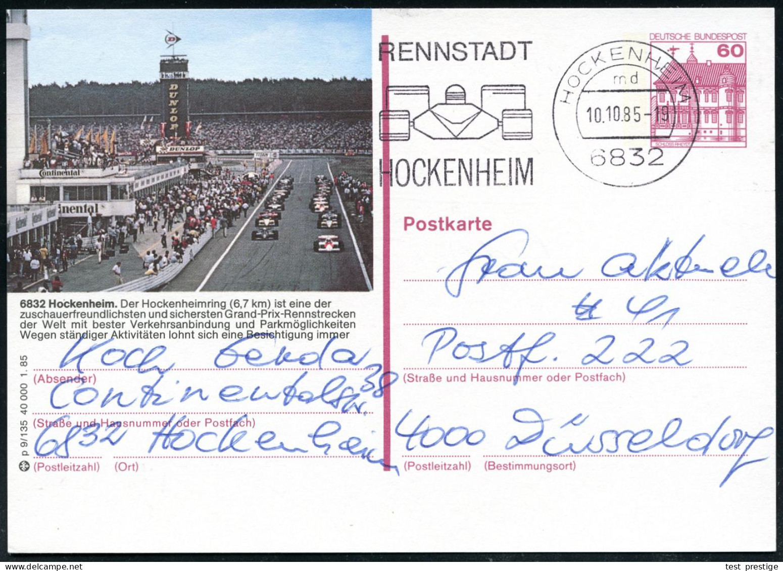 6832 HOCKENHEIM/ Md/ RENNSTADT 1985 (Juni) MWSt (= Formel I-Autos Am Start) Orts- U. Motivgl. BiP 60 Pf. Burgen (P138) B - Coches