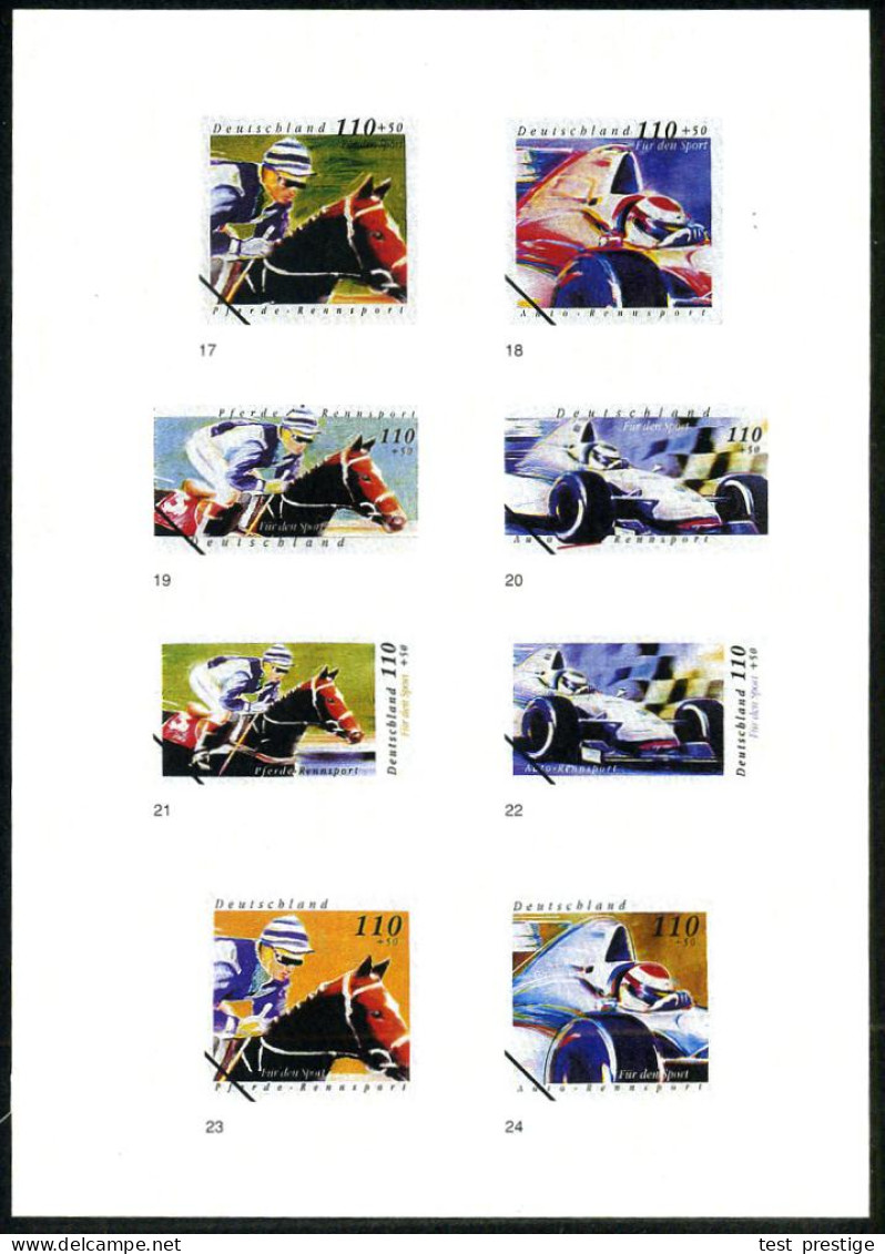 B.R.D. 1998 (Dez.) 100 + 50 Pf. "Für Den Sport": Formel I-Rennsport U. Galoppsport, 24 Verschied. Color-Entwürfe Der Bun - Voitures