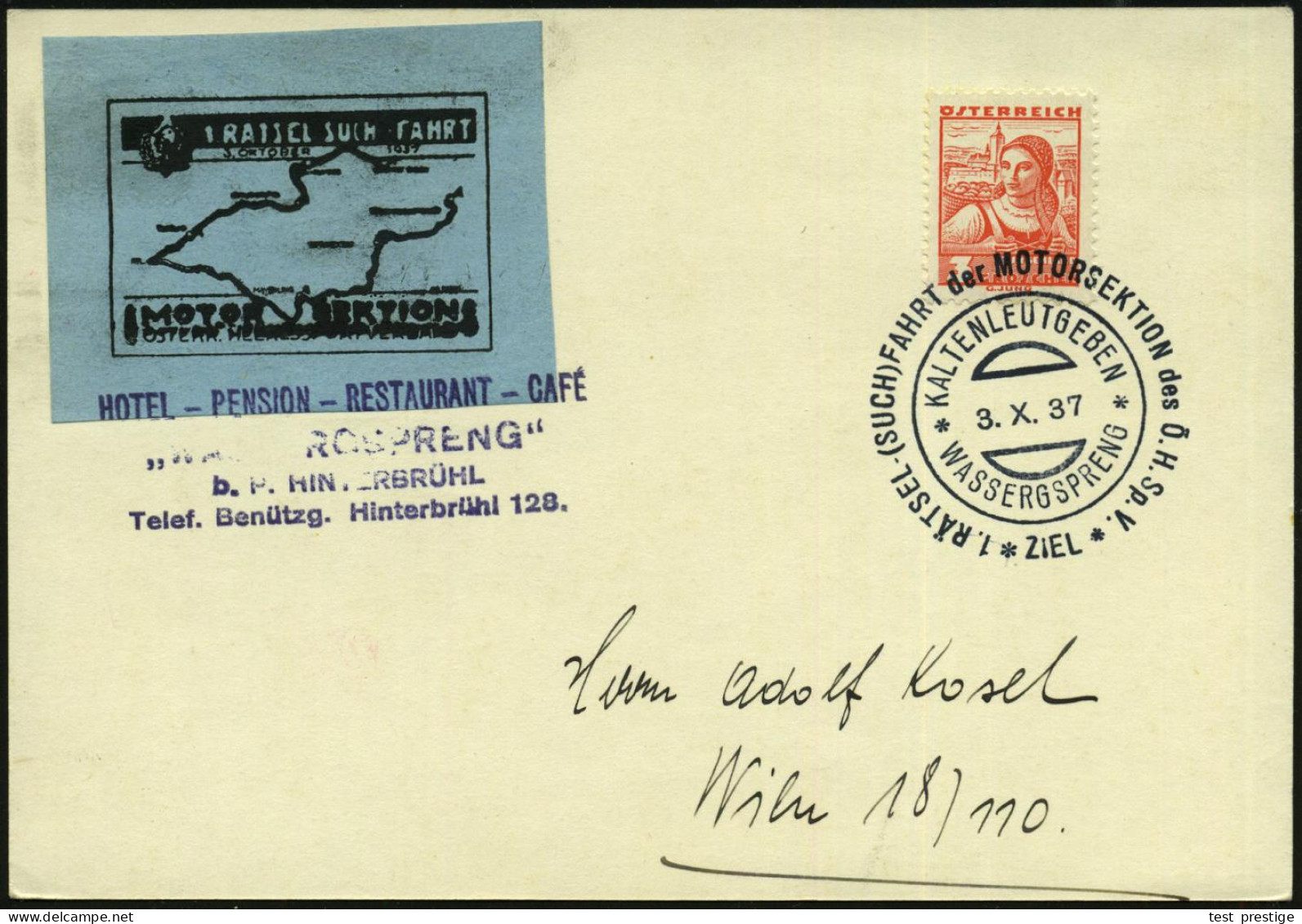 ÖSTERREICH 1937 (3.10.) SSt: KALTENLEUTGEBEN/WASSERGSPRENG/1.RÄTSEL-(SUCH)FAHRT D.MOTORSEKTION D. Ö.H. Sp.V./ ZIEL (= Ös - Coches