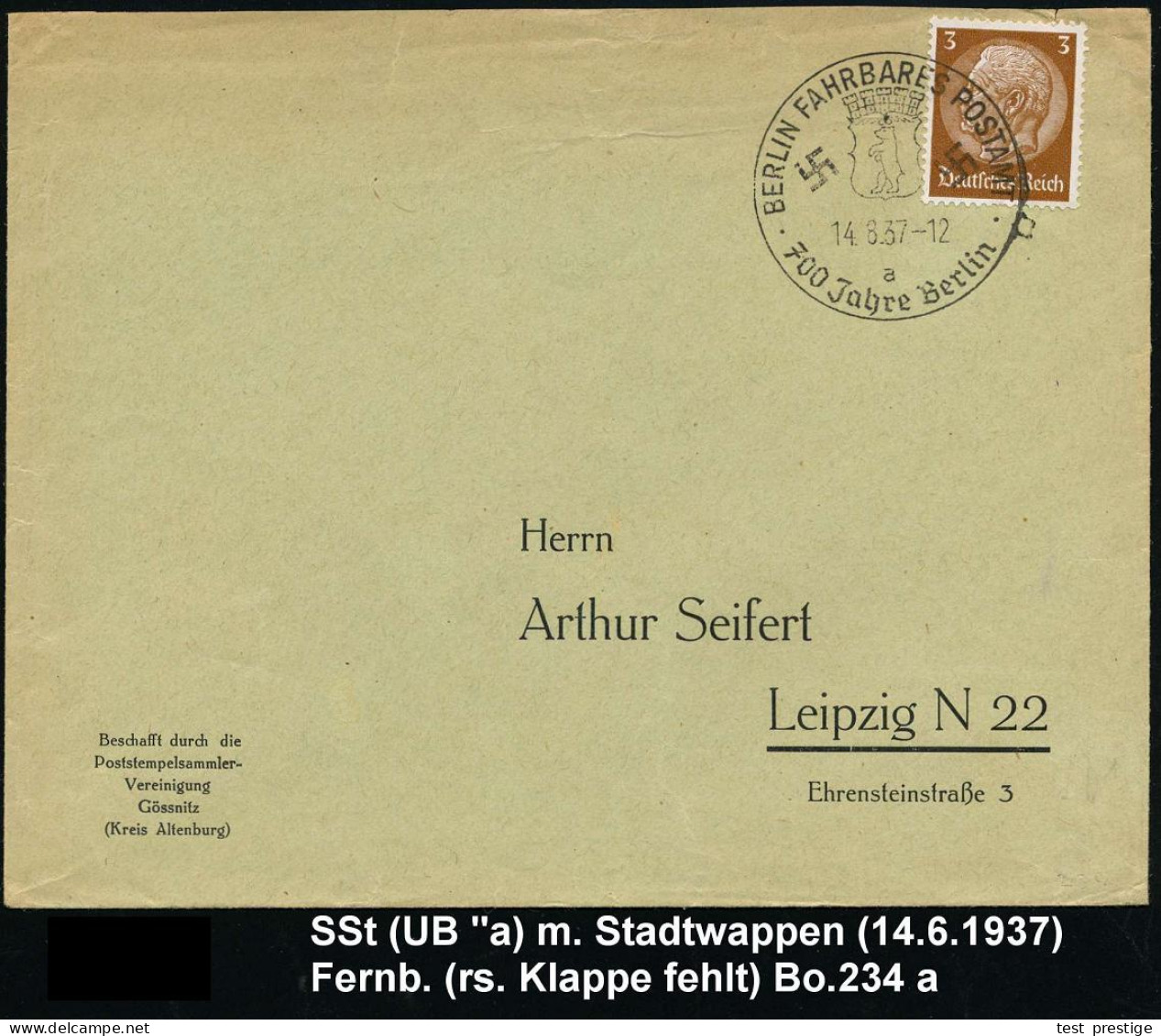 BERLIN FAHRBARES POSTAMT/ A/ 700 Jahre Berlin 1937 (14.8.) SSt (Stadtwappen, 2 Hakenkreuze) Inl.-Brief (rs. Klappe Fehlt - Voitures