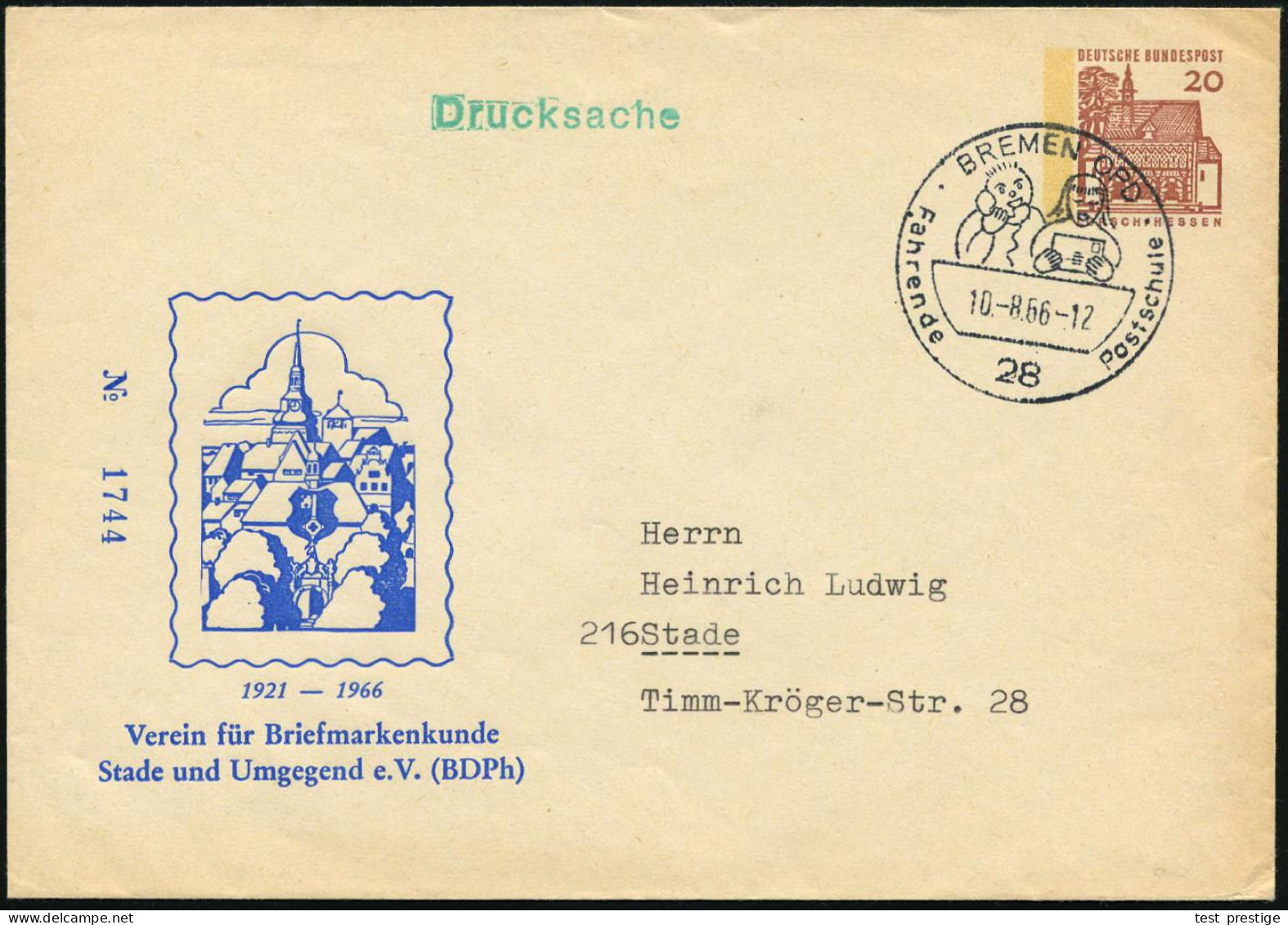 28 BREMEN OPD/ Fahrende Postschule 1966 (10.8.) Seltener SSt = 2 Kinder Mit Telefon U. Brief Auf PU 20 Pf. Lorsch: Verei - Coches