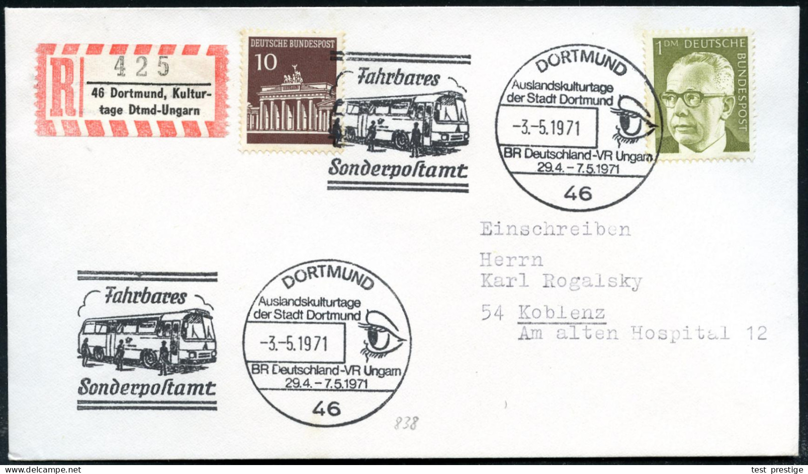 46 DORTMUND/ Auslandskulturtage/ ../ BRD - VR Ungarn/ Fahrbares/ Sonderpostamt 1971 (3.5.) Fahnen-SSt (Mob.PA/ Auge) 2x  - Coches