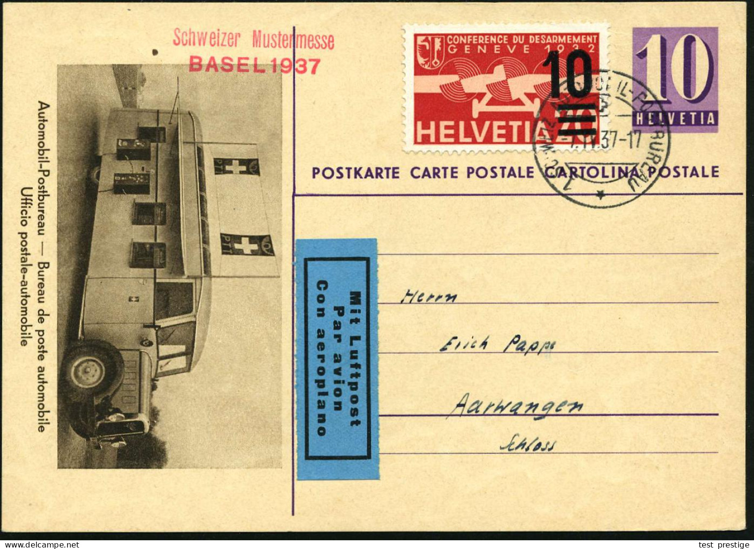 SCHWEIZ 1937 (7.4.) 1K: 1. SCHWEIZ.AUTOMOBIL-POSTBUREAU/* + Roter 1L: BASEL 1937/Schweizer Mustermesse Klar Auf 10 C. So - Voitures