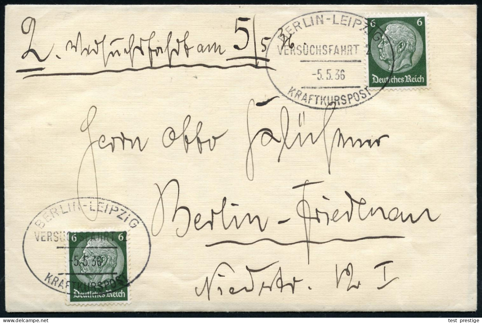 BERLIN-LEIPZIG/ VERSUCHSFAHRT 2/ KRAFTKURSPOST 1936 (5.5.) Seltener Oval-St. 2x + Hs. Zusatz "2. Versuchsfahrt" , Klar G - Coches