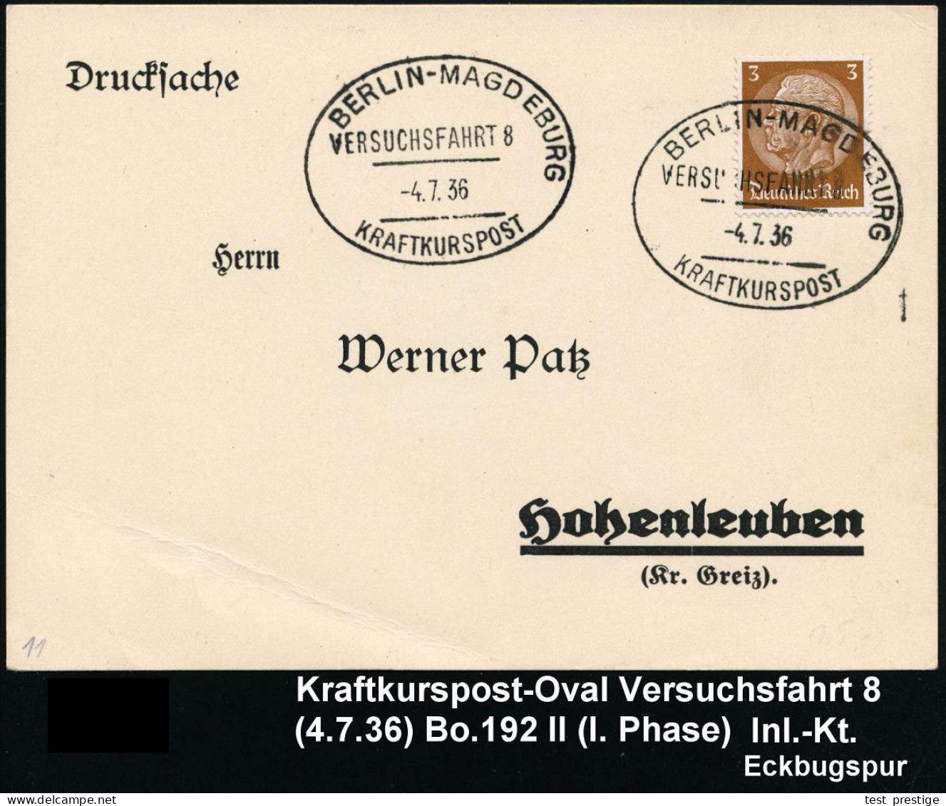 BERLIN-MAGDEBURG/ VERSUCHSFAHRT 8/ KRAFTKURSPOST 1936 (4.7.) Oval-St Klar Auf Inl.-Karte (links Bugspur) + Kopie Mercede - Cars