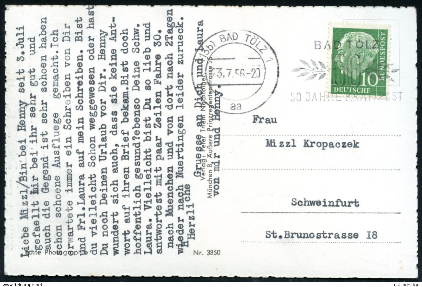 (13b) BAD TÖLZ 1/ Aa/ 50 JAHRE KRAFTPOST 1956 (3.7.) Seltener MWSt, Text Rechts (Lorbeer) Auf S/w.-Foto-Ak. (Bad Tölz),  - Voitures