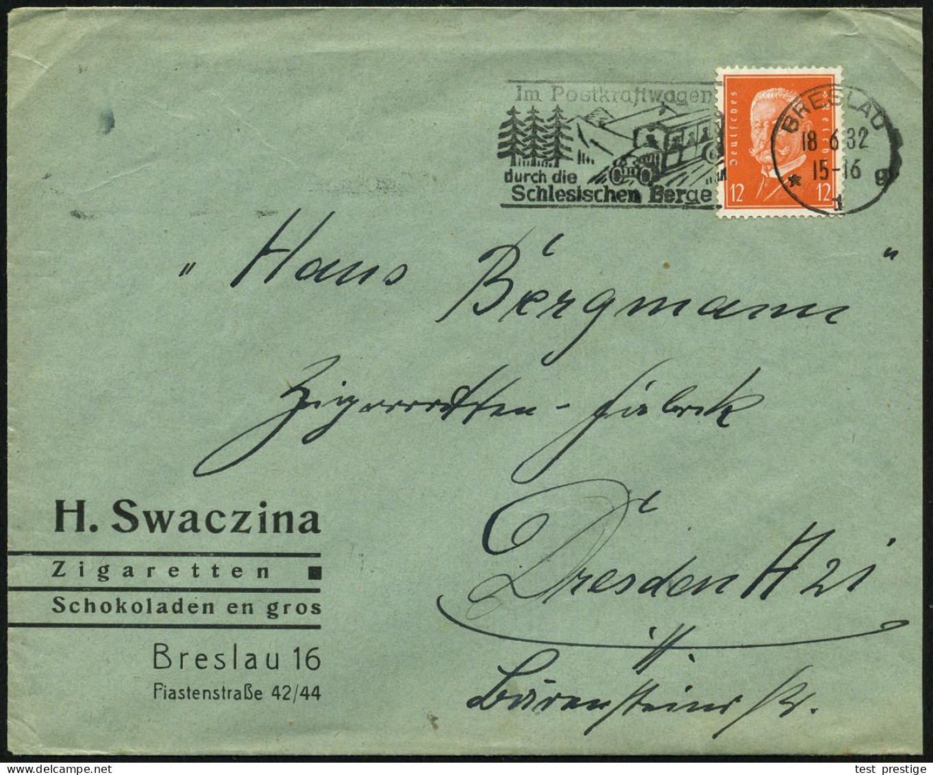 BRESLAU/ *1g/ Im Postkraftwagen/ Durch Die/ Schlesischen Berge 1932 (18.6.) MWSt = Kraftpostbus (vor 3 Tannen) Klar Gest - Autos