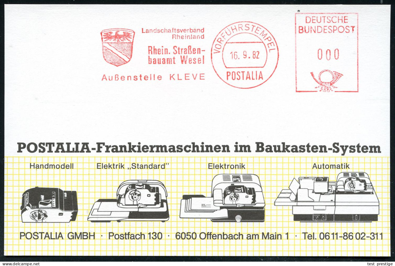 Kleve 1982 (16.9.) AFS: VORFÜHRSTEMPEL/POSTALIA/..Rhein.Straßen-/bauamt Wesel/Außenstelle KLEVE (Wappen) Postalia- Muste - Voitures
