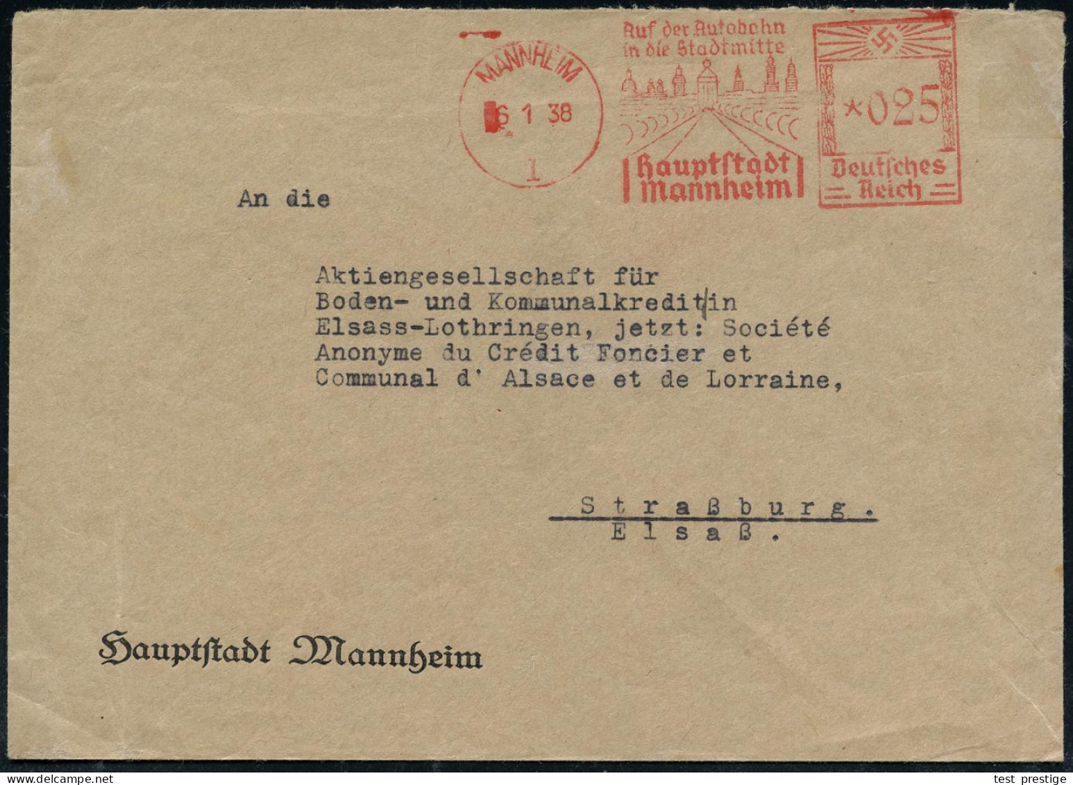 MANNHEIM/ 1/ Auf Der Autobahn/ In Die Stadtmitte/ Hauptstadt/ Mannheim 1938 (6.1.) AFS Francotyp 025 Pf. = Autobahn (füh - Coches