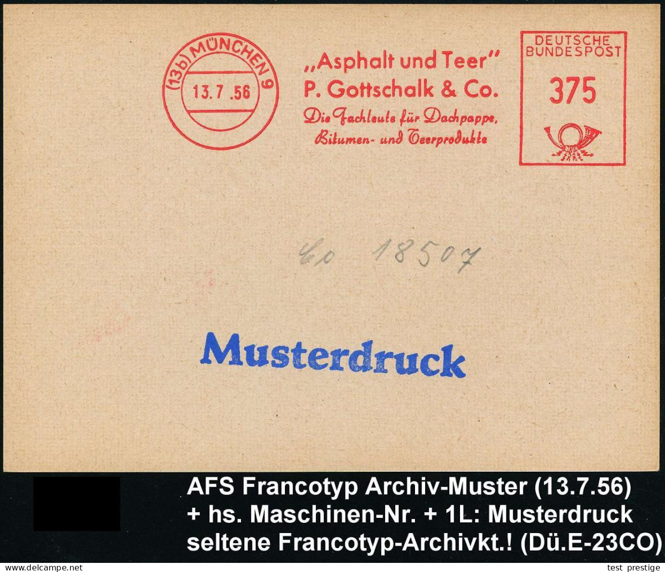 (13b) MÜNCHEN 9/ "ASPHALT U. TEER"/ P. Gottschalk & Co./ Die Fachleute... 1956 (13.7.) Muster-AFS 375 + Blauer 1L: Muste - Voitures