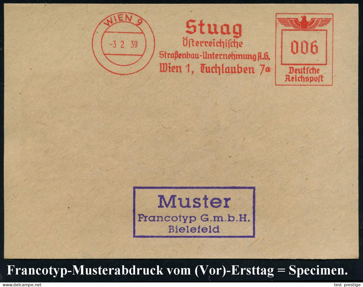 WIEN 9/ Stuag/ Österr./ Straßenbau-Unternehmung AG.. 1939 (3.2.) AFS-Musterabdruck Francotyp  "Reichsadler" , Glasklar G - Autos