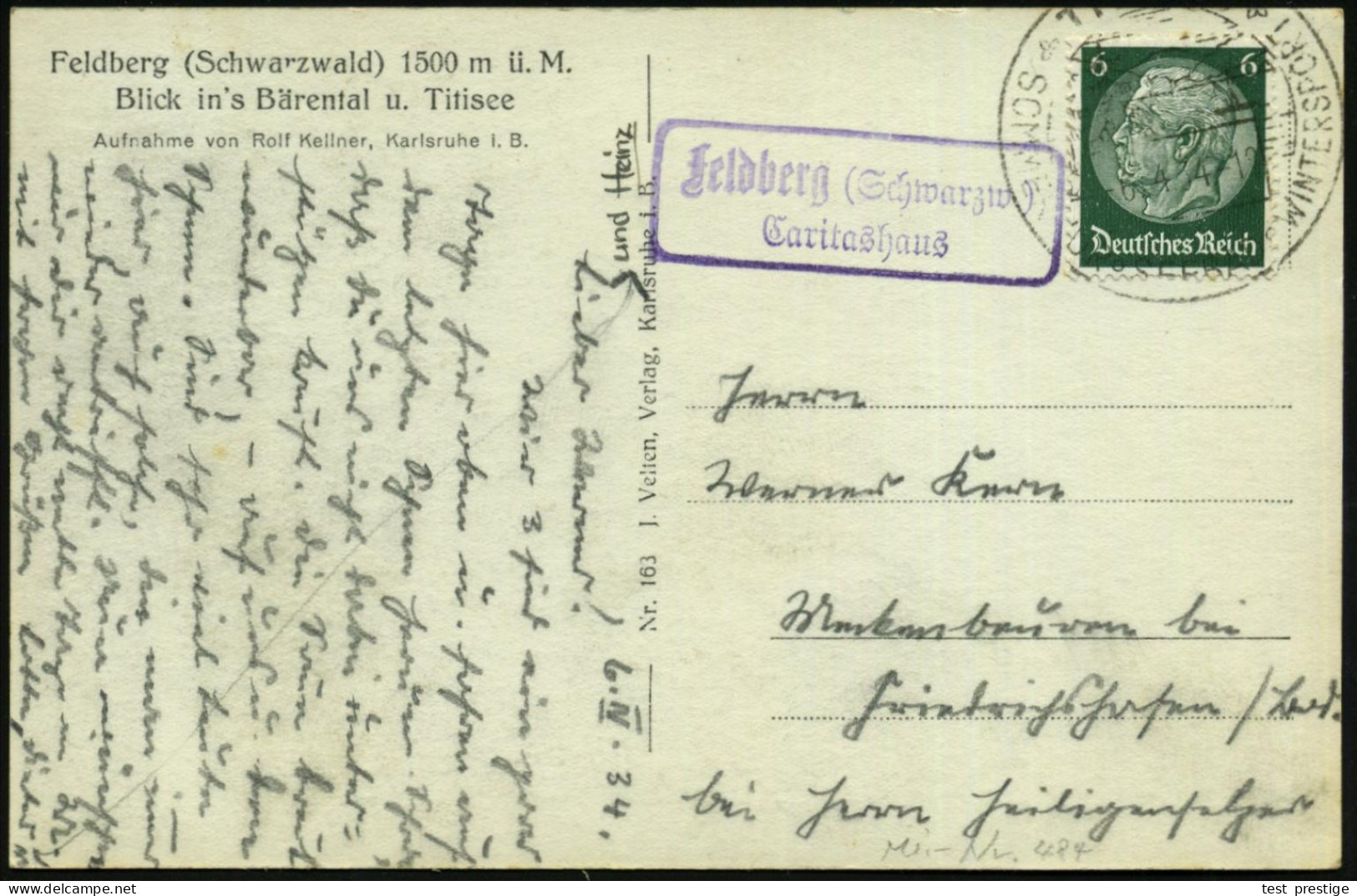 Feldberg (Schwarzwald)/  C A R I T A S H A U S 1934 (6.4.) Seltener Viol. Ra.2 = PSt. II = Hauspostamt + HWSt TITISEE (B - Other