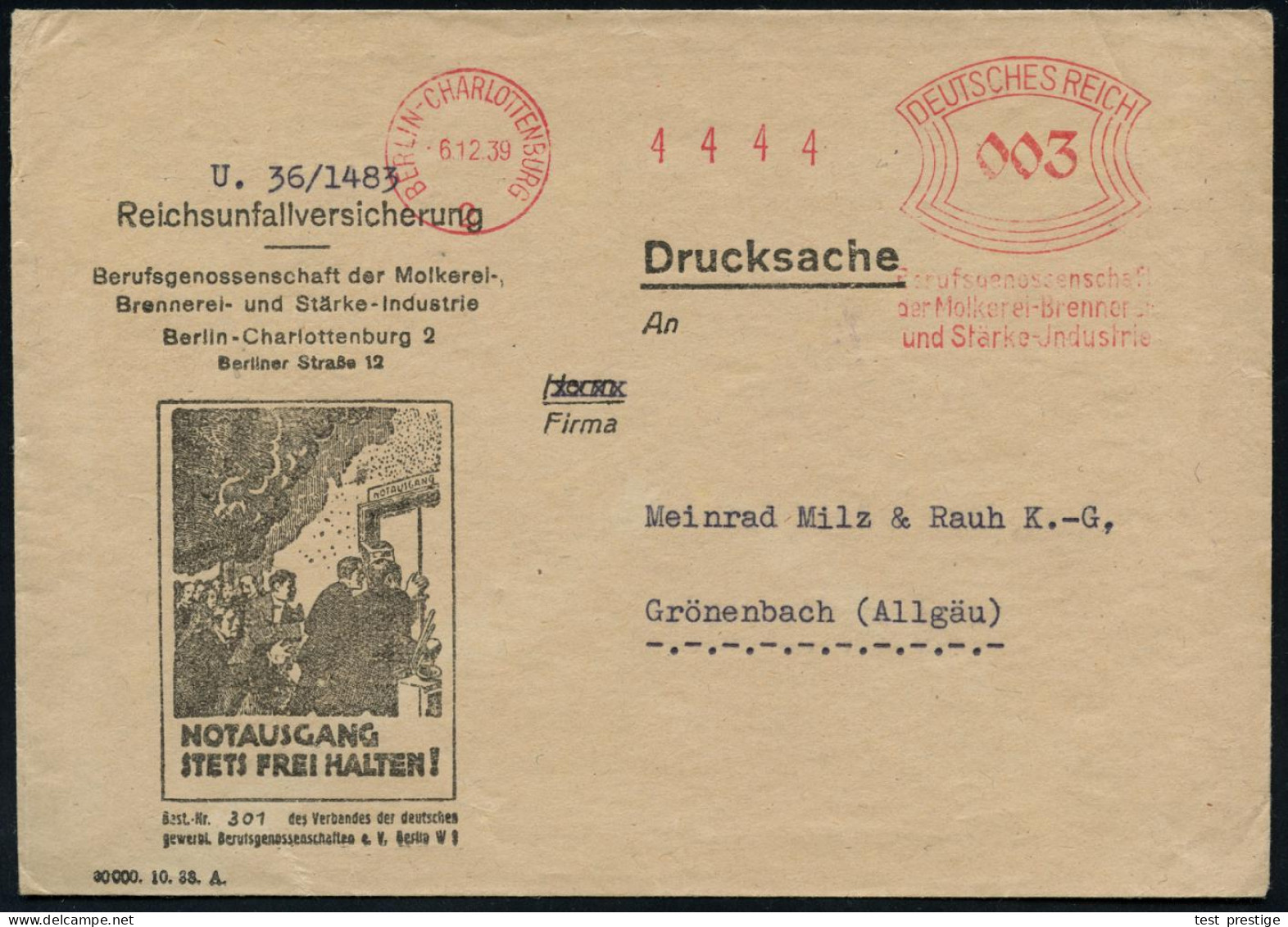BERLIN-CHARLOTTENBURG/ 2/ Berufsgenossenschaft/ Der Molkerei-,Brennerei-/ U.Stärke-Jndustrie 1939 (6.12.) AFS Francotyp  - Accidentes Y Seguridad Vial