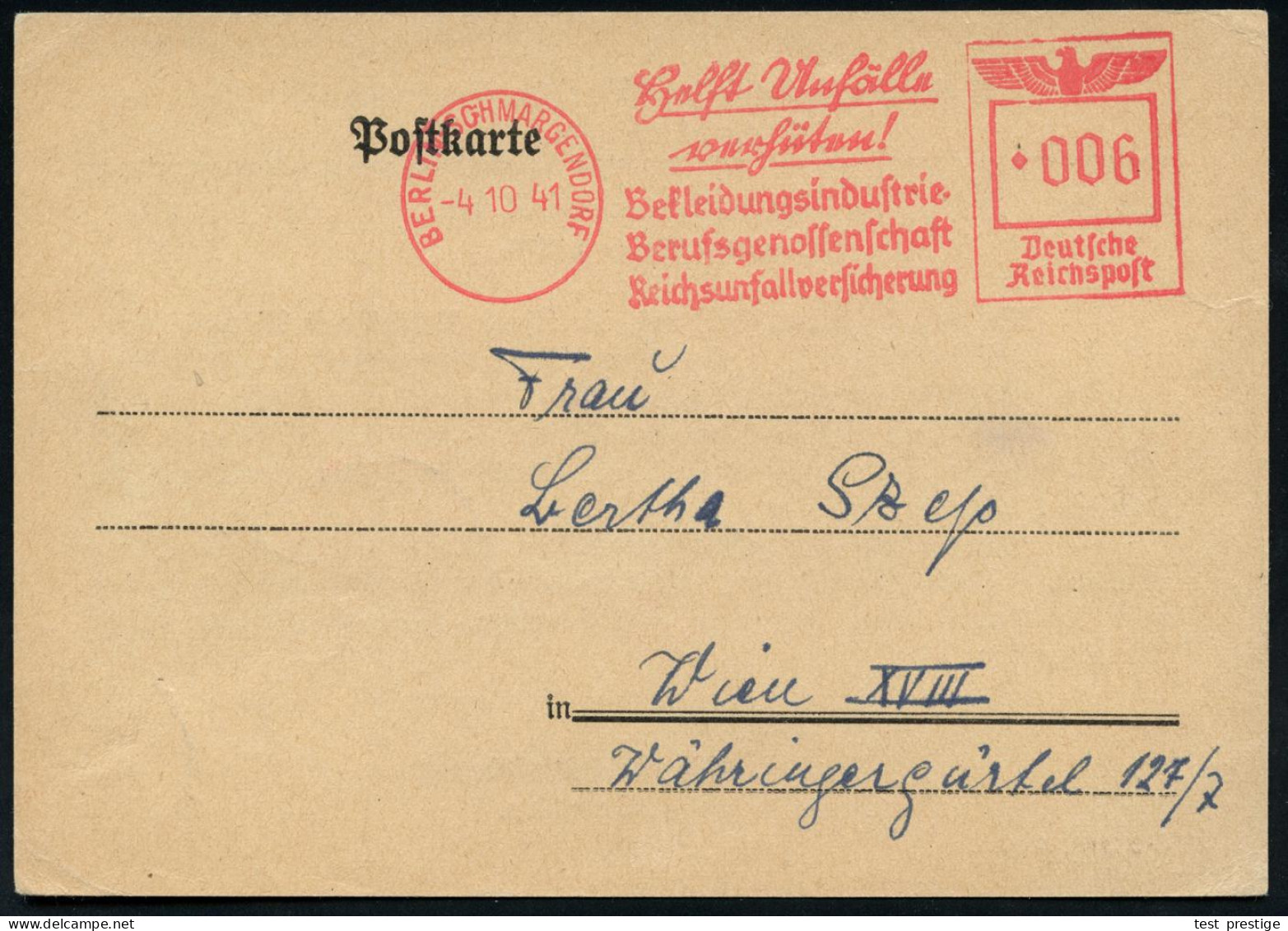 BERLIN-SCHMARGENDORF/ Helft Unfälle/ Verhüten!/ Bekleidungsindustrie-/ Berufsgenossenschaft.. 1941 (4.10.) AFS Francotyp - Unfälle Und Verkehrssicherheit