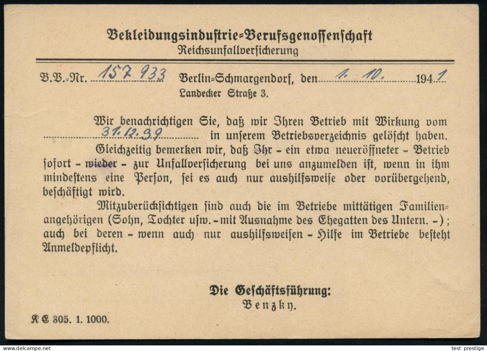 BERLIN-SCHMARGENDORF/ Helft Unfälle/ Verhüten!/ Bekleidungsindustrie-/ Berufsgenossenschaft.. 1941 (4.10.) AFS Francotyp - Accidents & Sécurité Routière