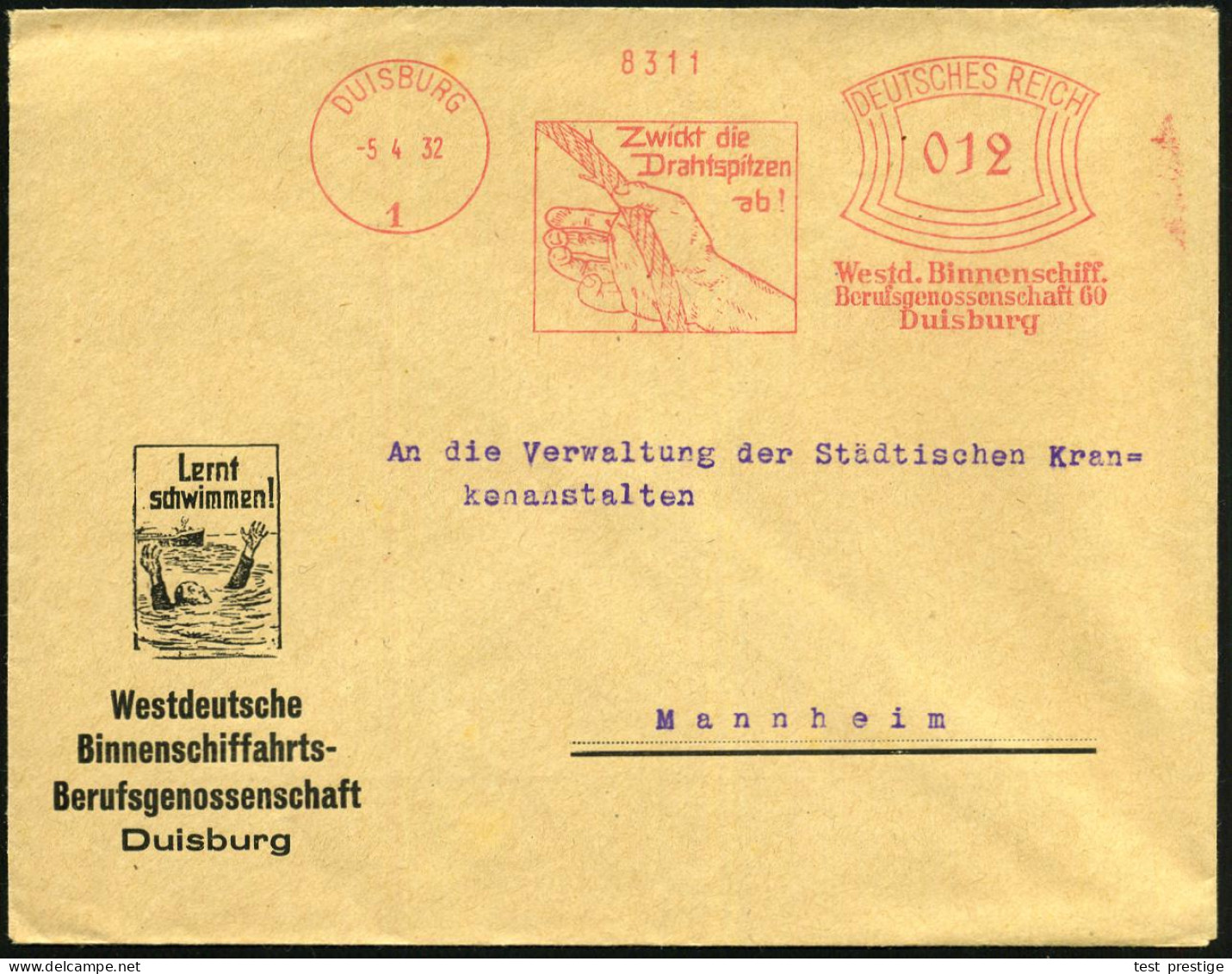 DUISBURG/ 1/ Zwickt Die/ Drahtspitzen Ab!/ Westd.Binnenschiff./ Berufsgenossenschaft 60 1932 (5.4.) AFS = Blutende Hand  - Unfälle Und Verkehrssicherheit