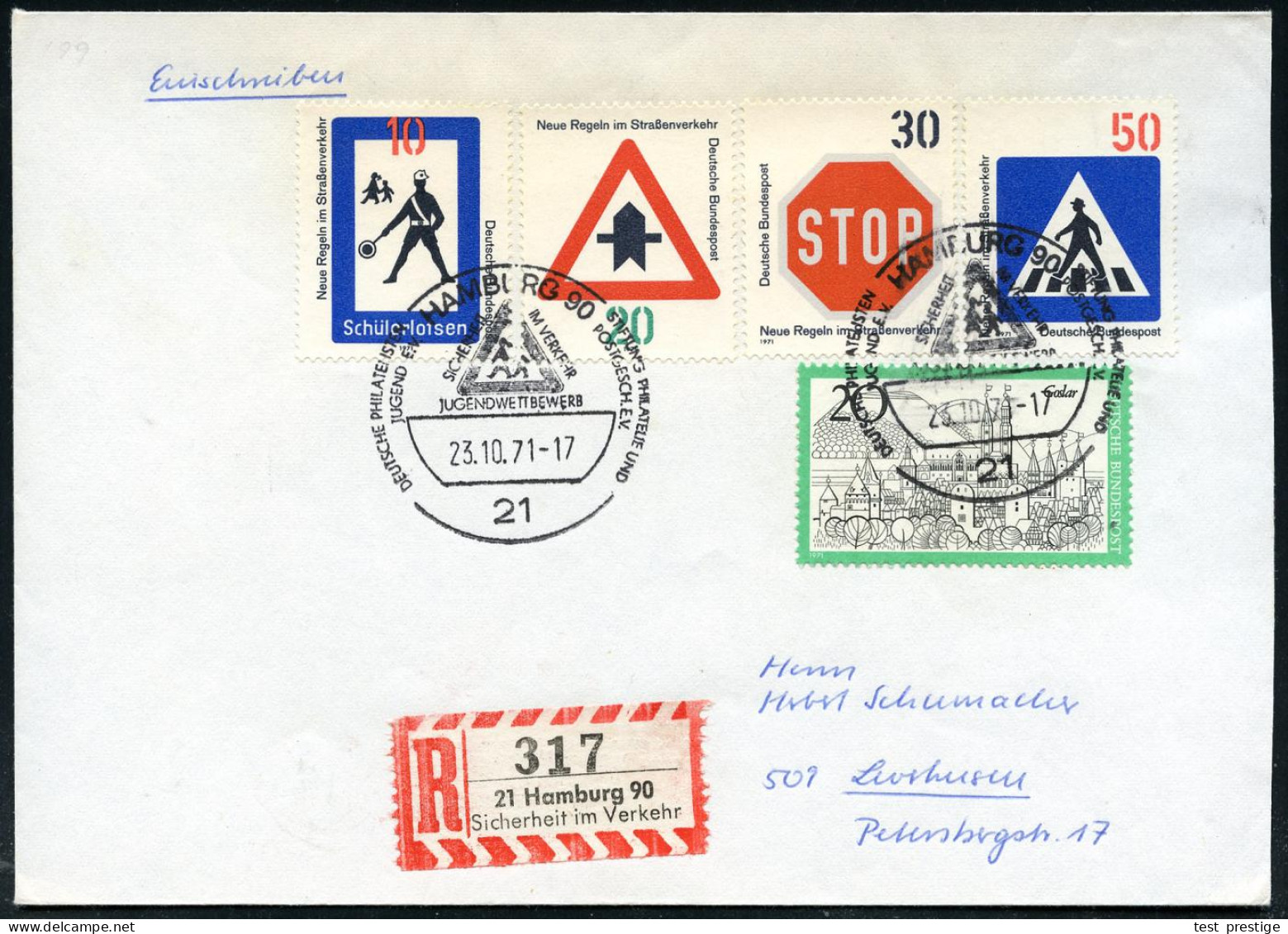 21 HAMBURG 90/ SICHERHEIT/ IM VERKEHR.. 1971 (23.10.) SSt = Verkehrsschild "Achtung, Kinder!" Auf Passender Frankatur "V - Unfälle Und Verkehrssicherheit