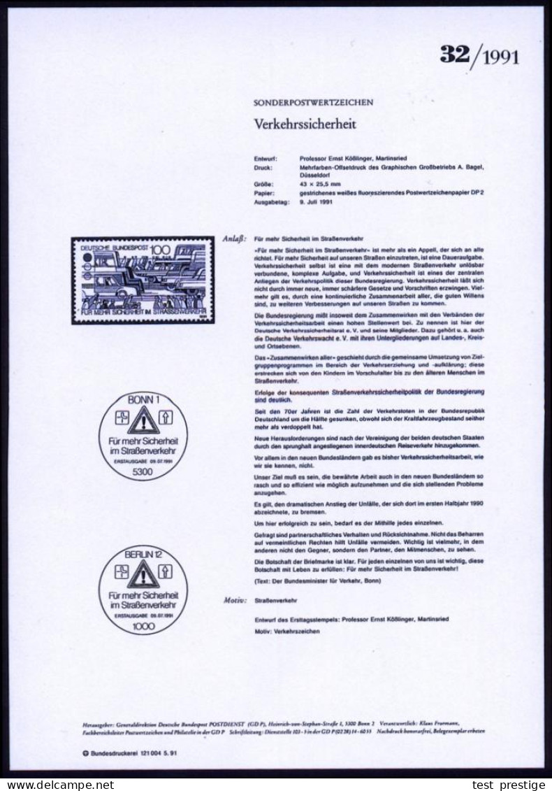 B.R.D. 1991 (Juli) 110 Pf. "Verkehrssicherheit" Mit Amtl. Handstempel  "M U S T E R" , Postfr. + Amtl. Ankündigungsblatt - Accidents & Road Safety