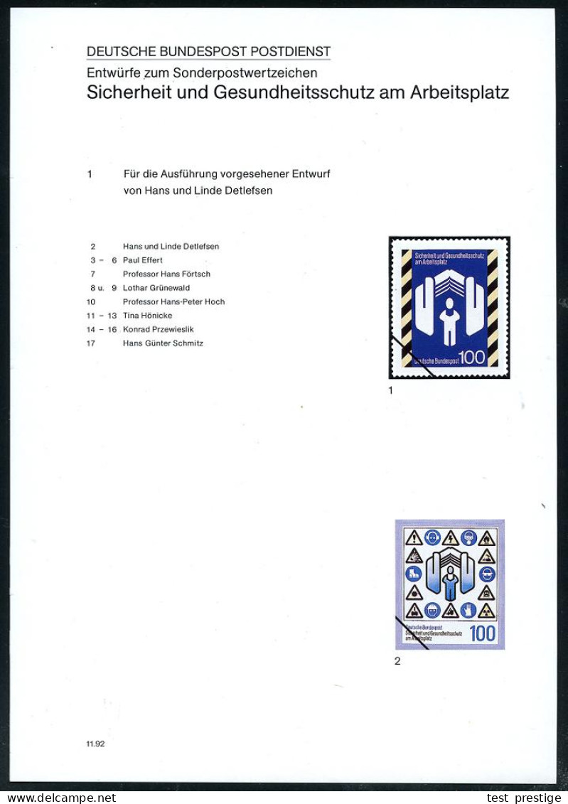 B.R.D. 1992 (Nov.) 100 Pf. "Sicherheit U.Gesundheitsschutz A.Arbeitsplatz" 17 Color-Entwürfe Der Bundesdruckerei Auf 3 E - Accidents & Road Safety