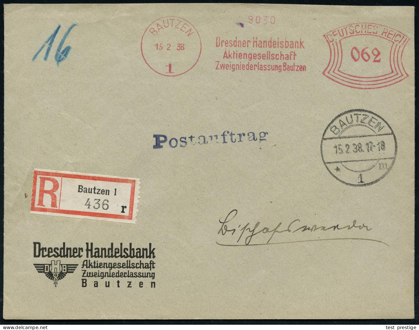 BAUTZEN/ 1/ Dresdner Handelsbank/ AG.. 1938 (15.2.) AFS 062 Pf. + 1K-Brücke: BAUTZEN/* 1 M + RZ: Bautzen 1/r , Dekorativ - Sonstige