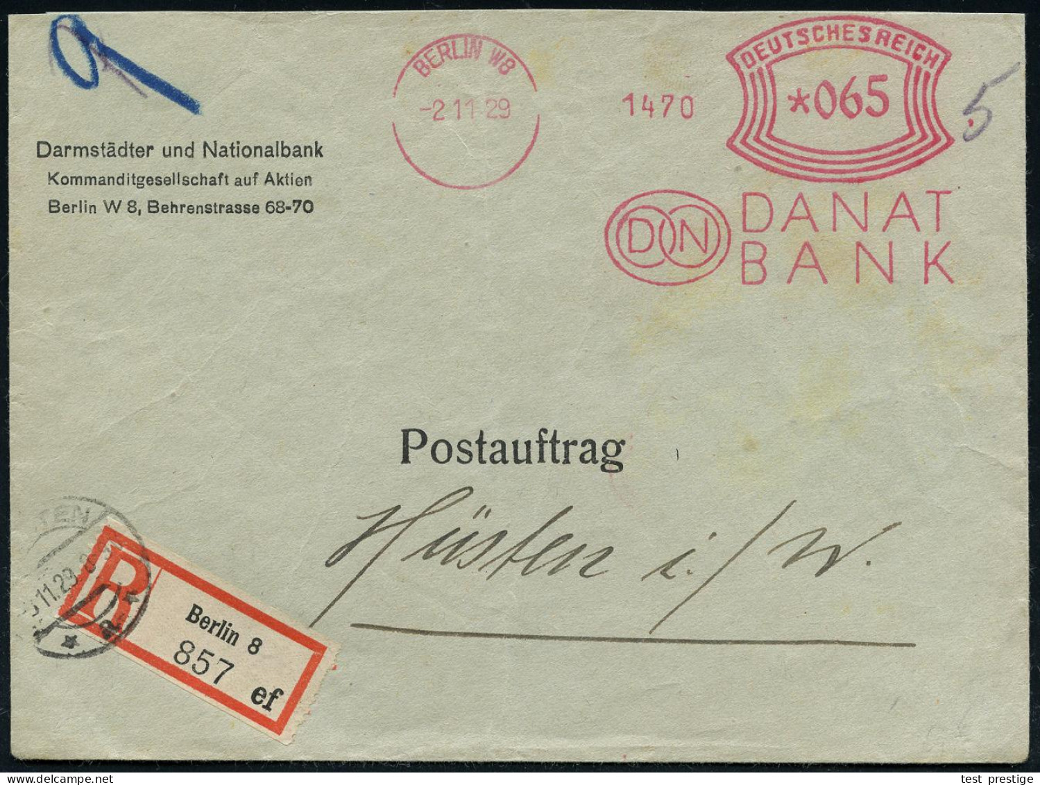 BERLIN W8/ DN/ DANAT/ BANK 1929 (2.11.) AFS Francotyp "Bogenrechteck" 065 Pf. + RZ: Berlin 8/ E F , Fern-Postauftrags-R- - Otros