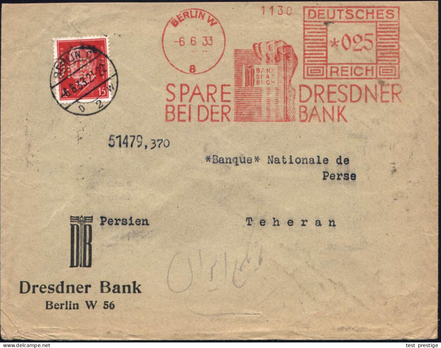 BERLIN C/ D2W 1933 (6.6.) 1K-Brücke Auf EF 15 Pf. Hindenbg. Mit Firmenlochung "Dr. B" = Dr Esdner Bank + AFS Francotyp 0 - Sonstige