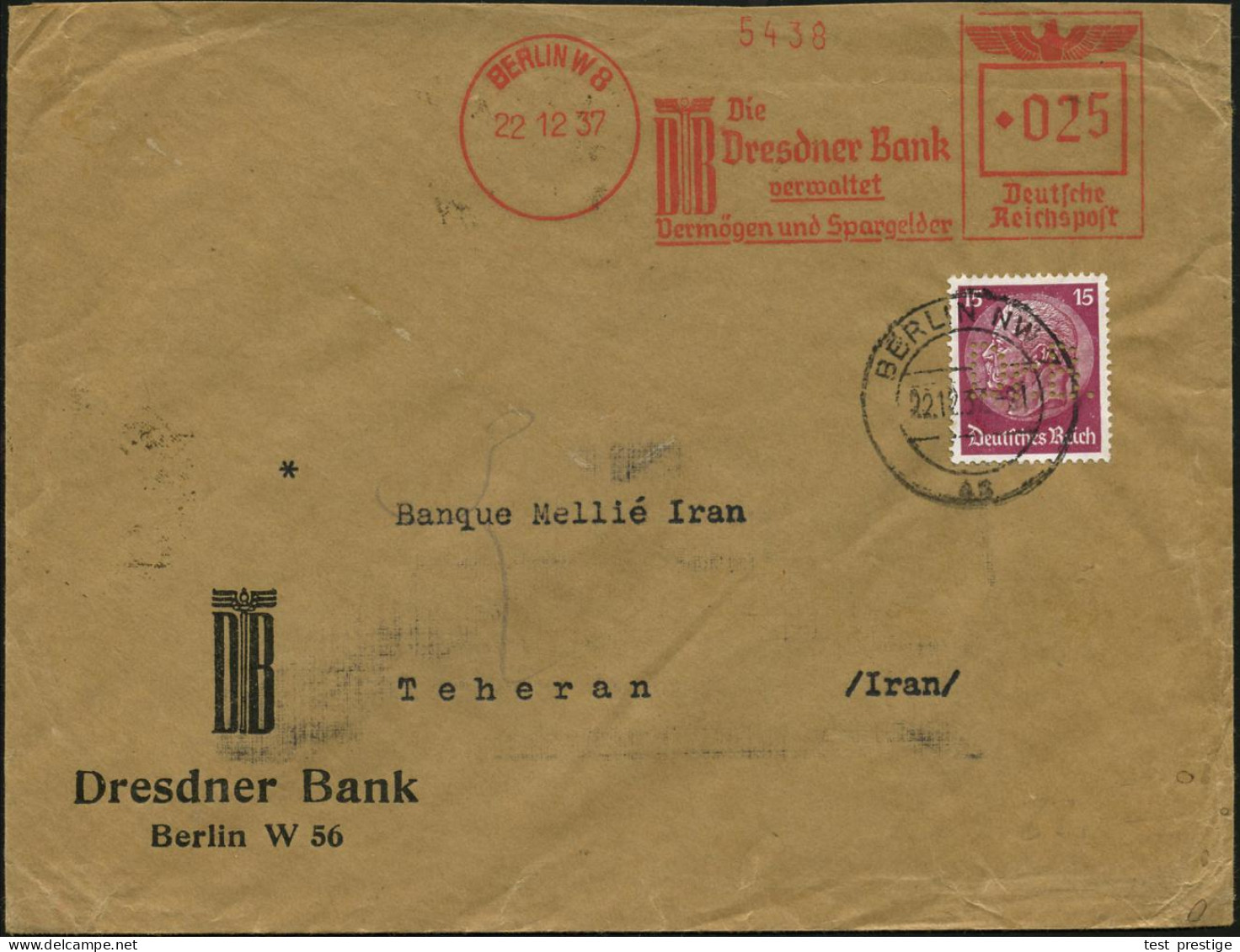 BERLIN W8/ DB/ Die/ Dresdner Bank/ Verwaltet/ Vermögen.. 1937 (22.12.) AFS Francotyp 025 Pf. Francotyp "Reichsadler" + 1 - Sonstige