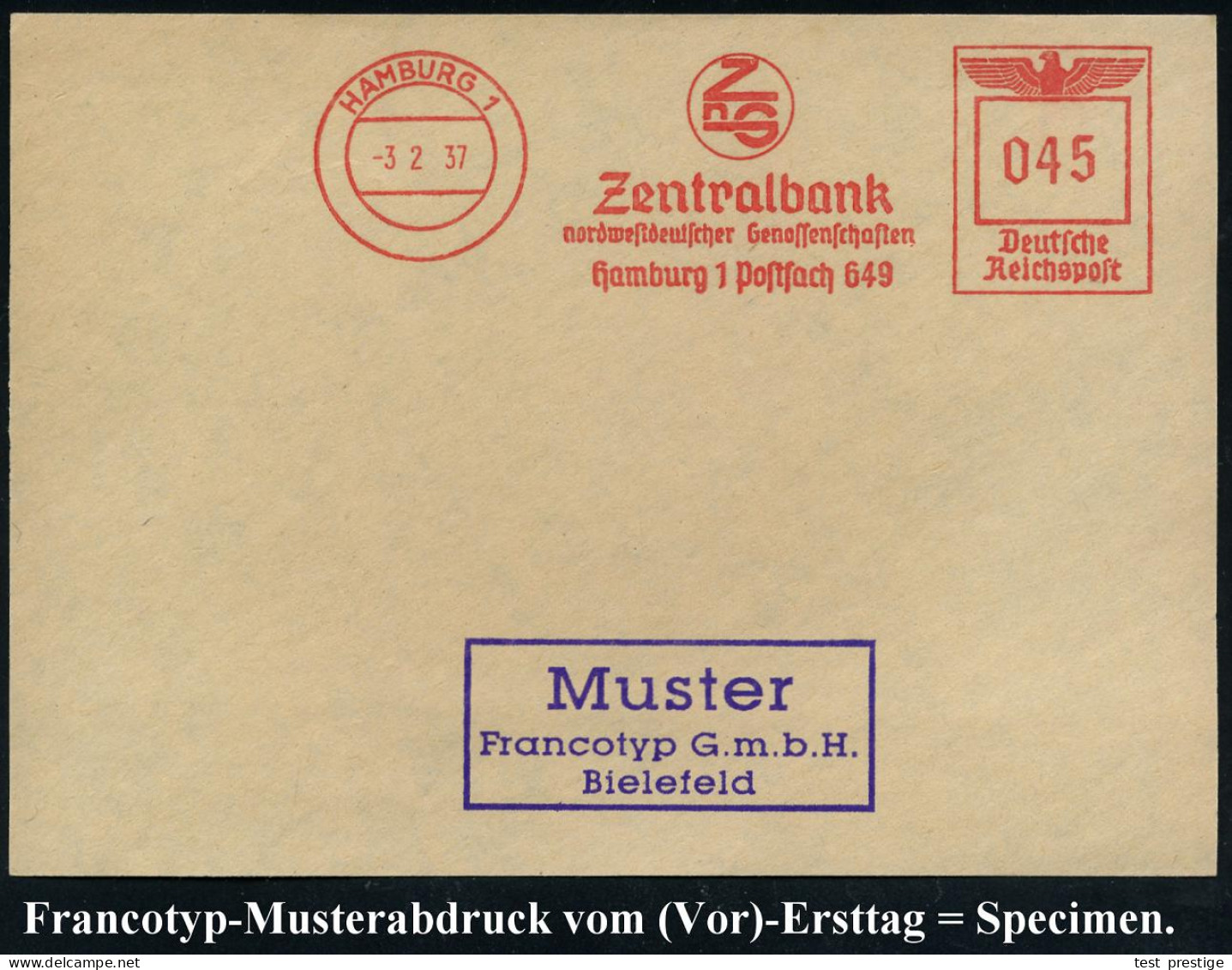 HAMBURG 1/ ZnG/ Zentralbank/ Norddeutscher Genossenschaften.. 1937 (3.2.) AFS-Musterabdruck Francotyp "Reichsadler" (Mon - Other