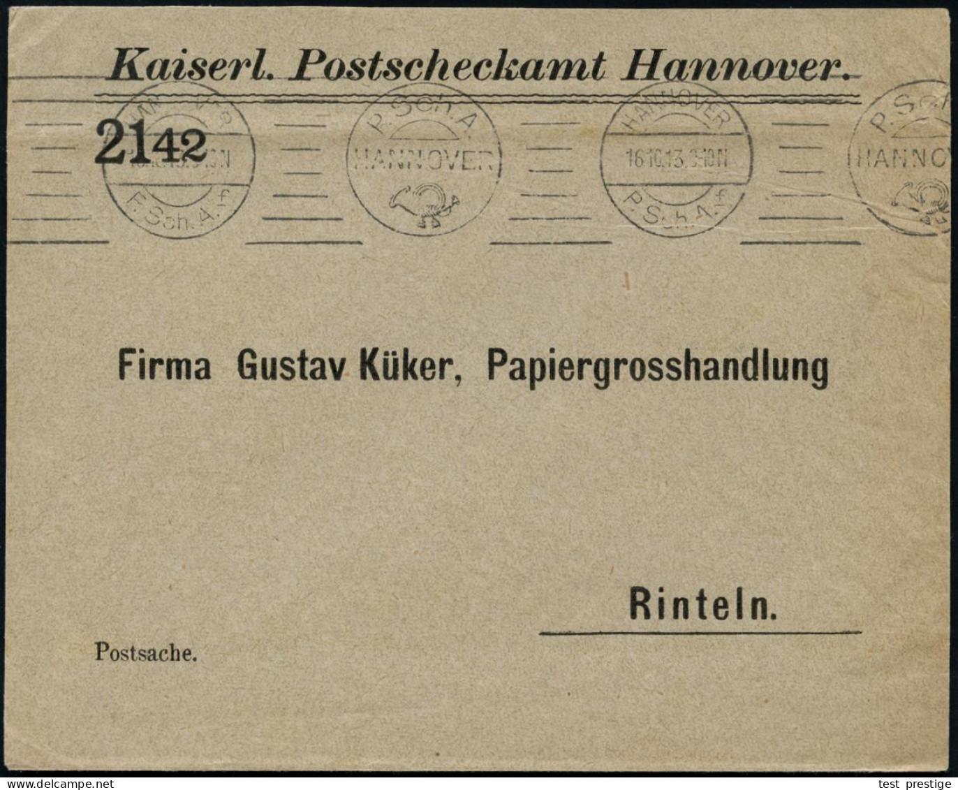 HANNOVER/ *1* 1913 (16.10.) Band-MaSt Mit Posthorn (8 Verschied. Striche) Dienst-Bf.: Kaiserl. Postscheckamt Hannover +  - Autres