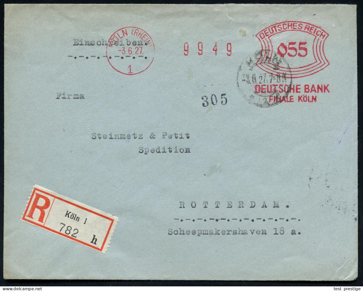 KÖLN (RHEIN)/ 1/ DEUTSCHE BANK.. 1927 (3.6.) AFS Francotyp 055 Pf. + RZ: Köln 1/h + Tagesstempel (Bf. Rs. Neutrale Siege - Other