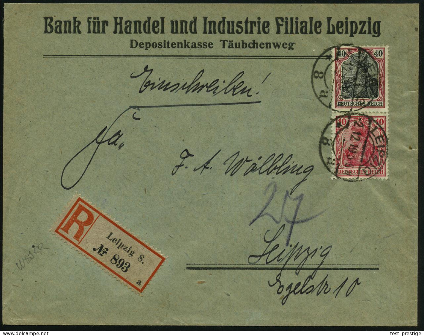 LEIPZIG/ *8a 1919 (2.12.) 1K-Brücke Auf Germania 10 Pf. U. 40 Pf. + Gez. RZ: Leipzig 8/a ,klar Gest. Firmen-R-Bf.: Bank  - Autres