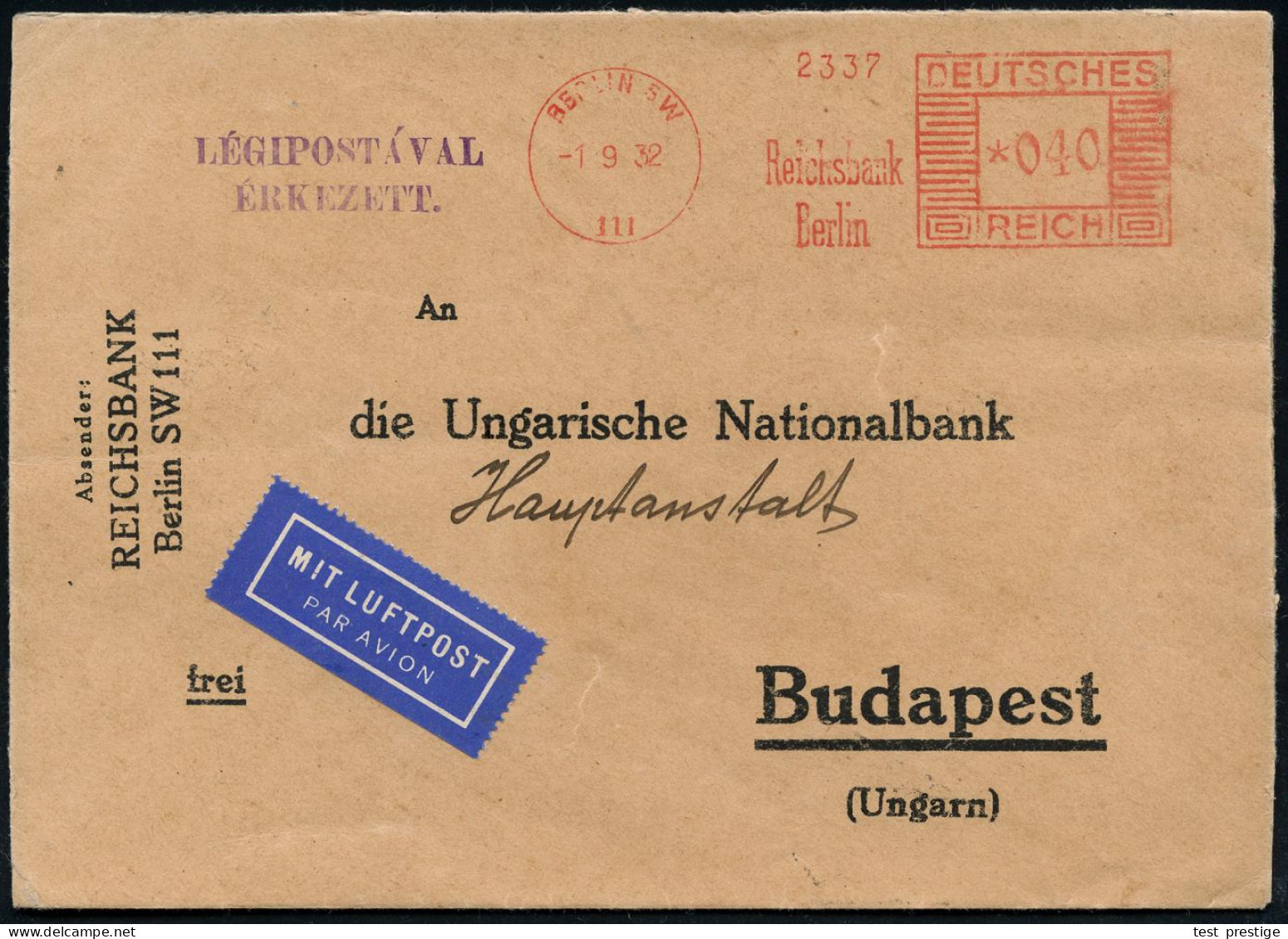 BERLIN SW/ 111/ Reichsbank.. 1932 (1.9.) AFS Francotyp "Mäanderrechteck" 040 Pf., SW 111 = Hauspostamt Der Reichs-bank , - Autres