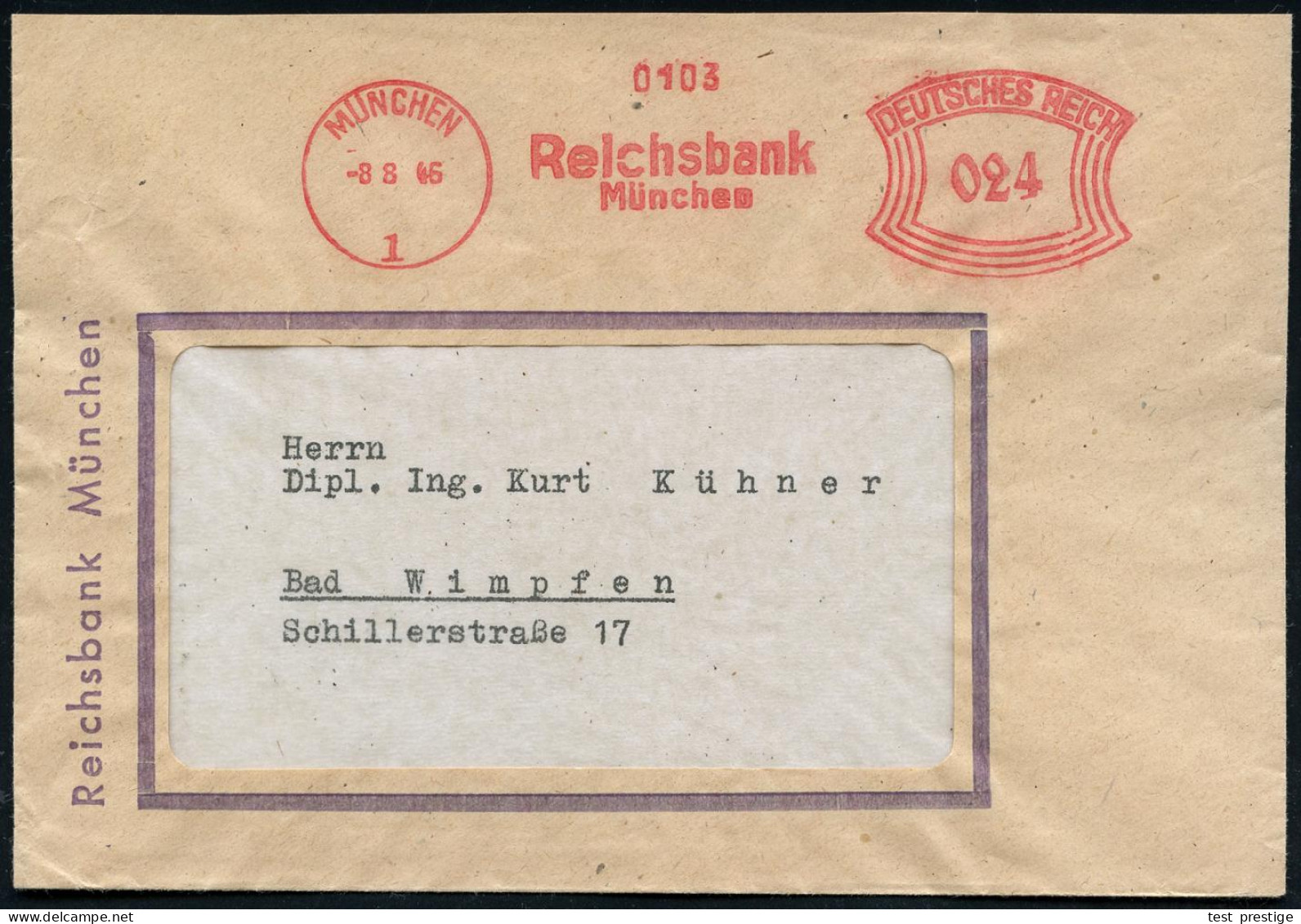 MÜNCHEN/ 1/ Reichsbank/ München 1946 (8.8.) Seltener AFS Francotyp "Bogenrechteck" Unverändert Weiterverwendet! = Notmaß - Autres
