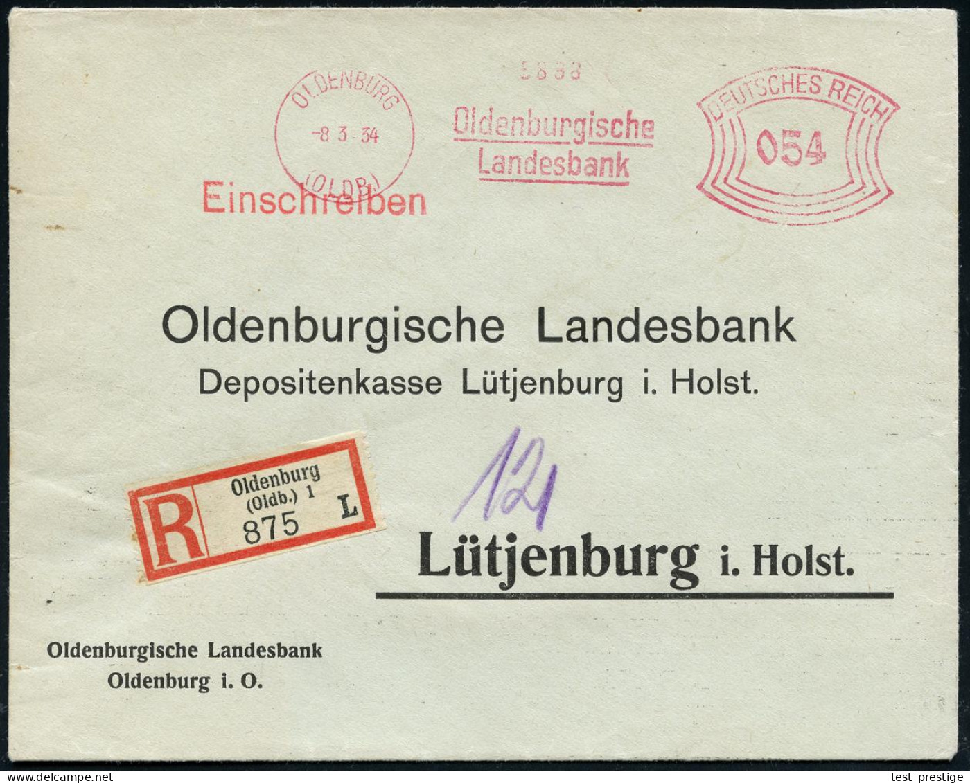 OLDENBURG/ OLDB./ Oldenburgische/ Landesbank 1934 (8.3.) AFS Francotyp 054 Pf. + Selbstbucher-R-Zettel: Oldenburg/(Oldb. - Otros