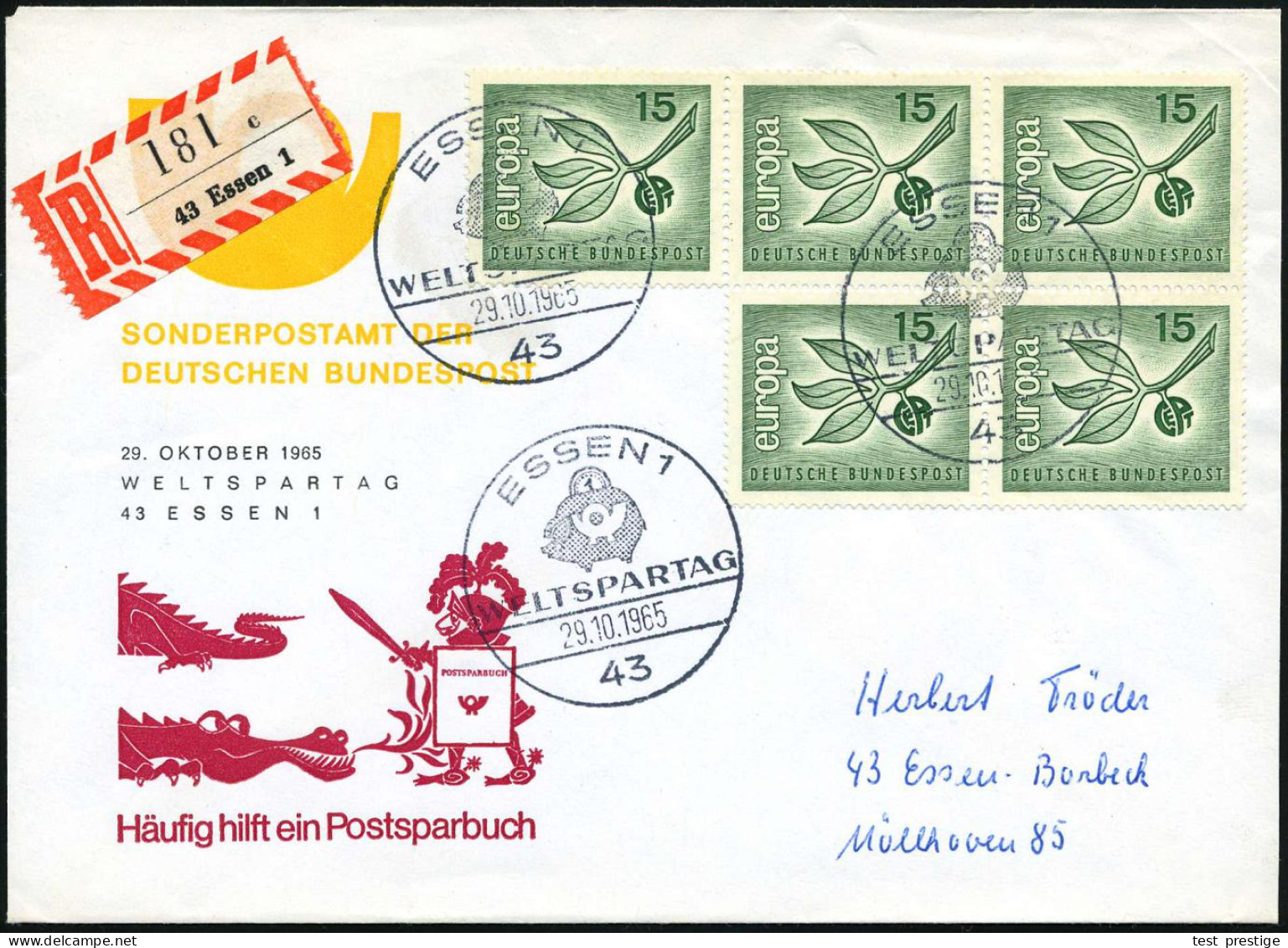 43 ESSEN 1/ WELTSPARTAG 1965 (29.10.) SSt = Post-Sparschwein U. Münze 3x Auf 5er-Block 20 Pf. "Europa" (Mi.483 MeF+ 12.- - Autres & Non Classés